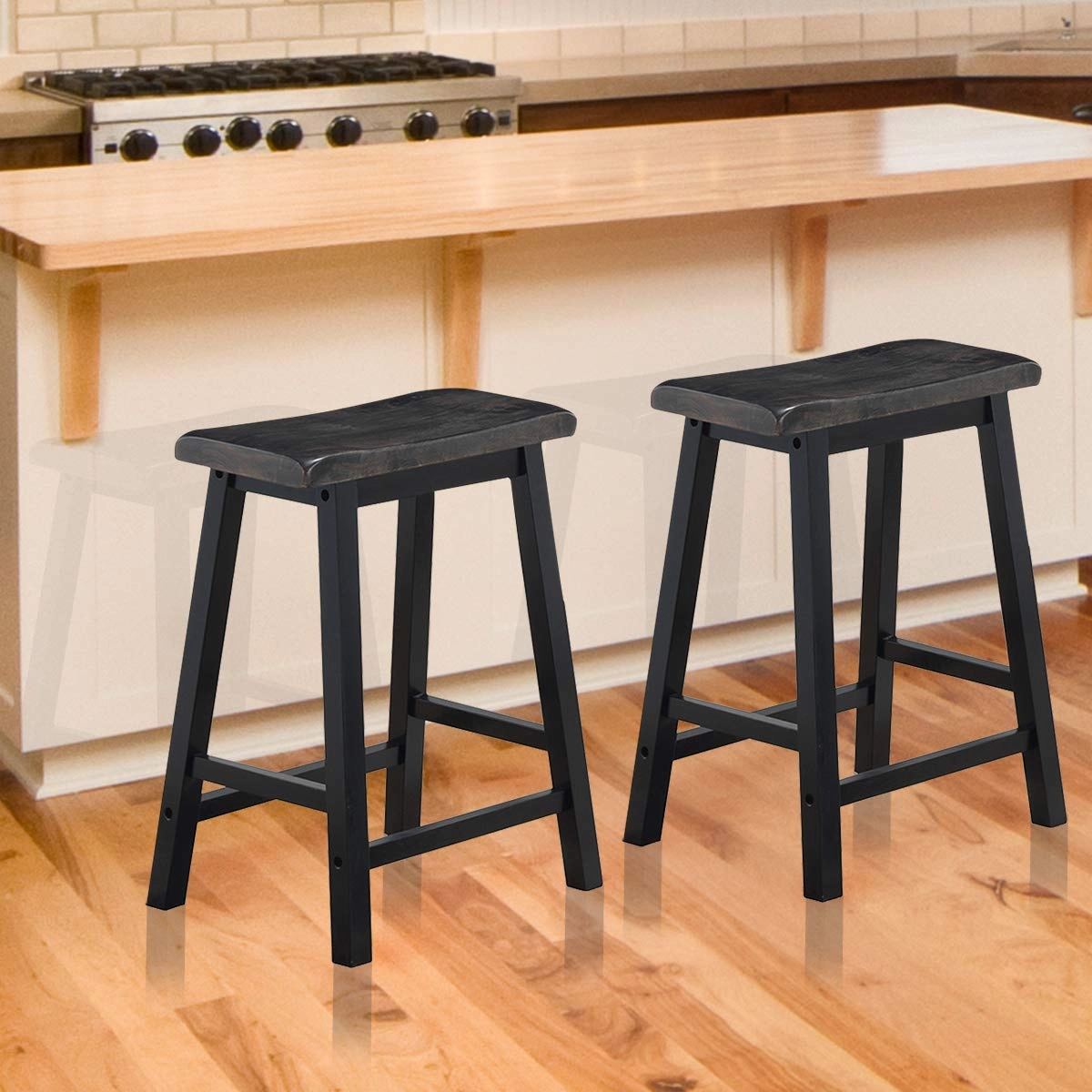 Giantex Set of 2 Saddle Seat Stools, Wood Vintage Counter Height Chairs