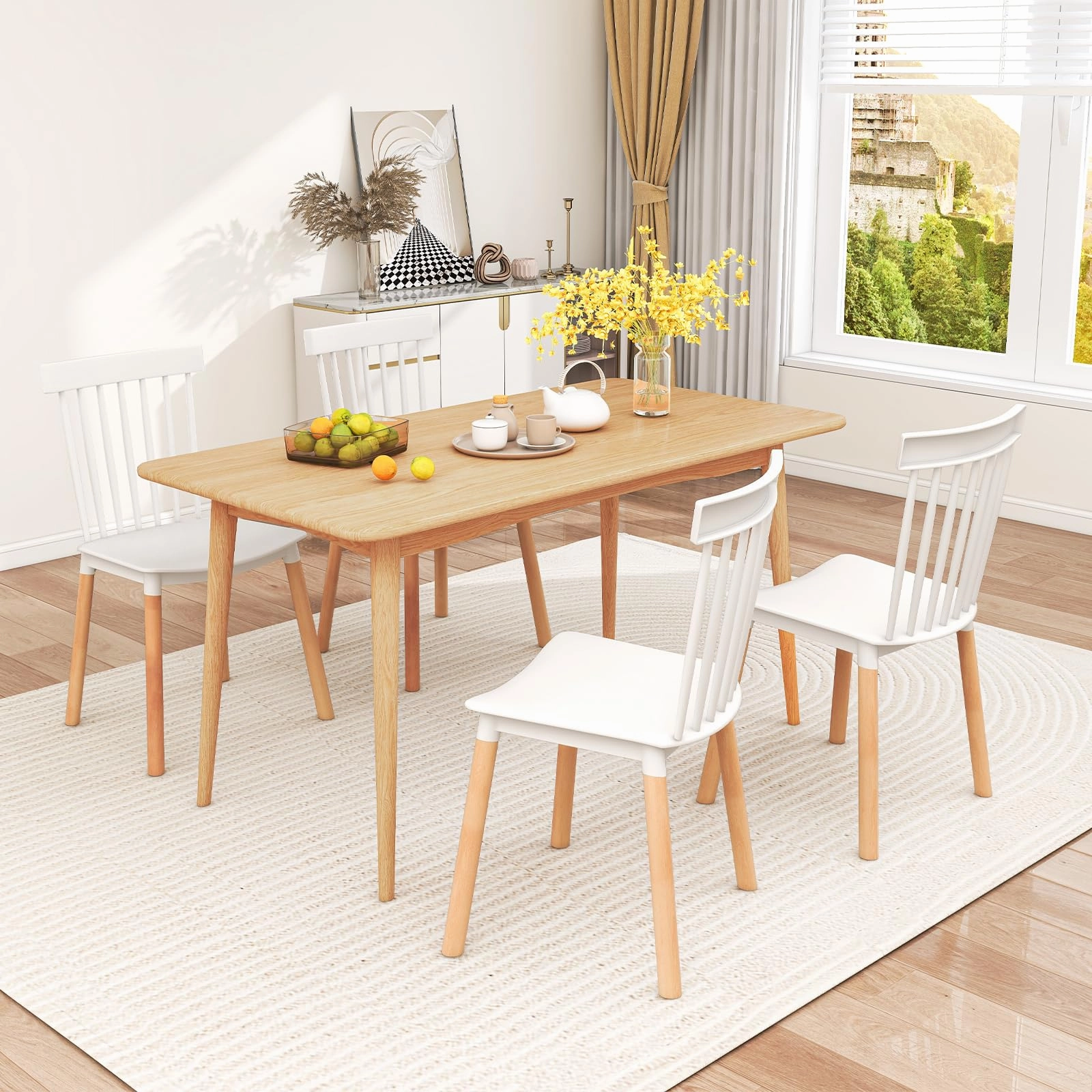 Giantex Set of 4 Windsor Dining Chairs White, Modern Kitchen Chairs w/Spindle Backs & Curved Seats