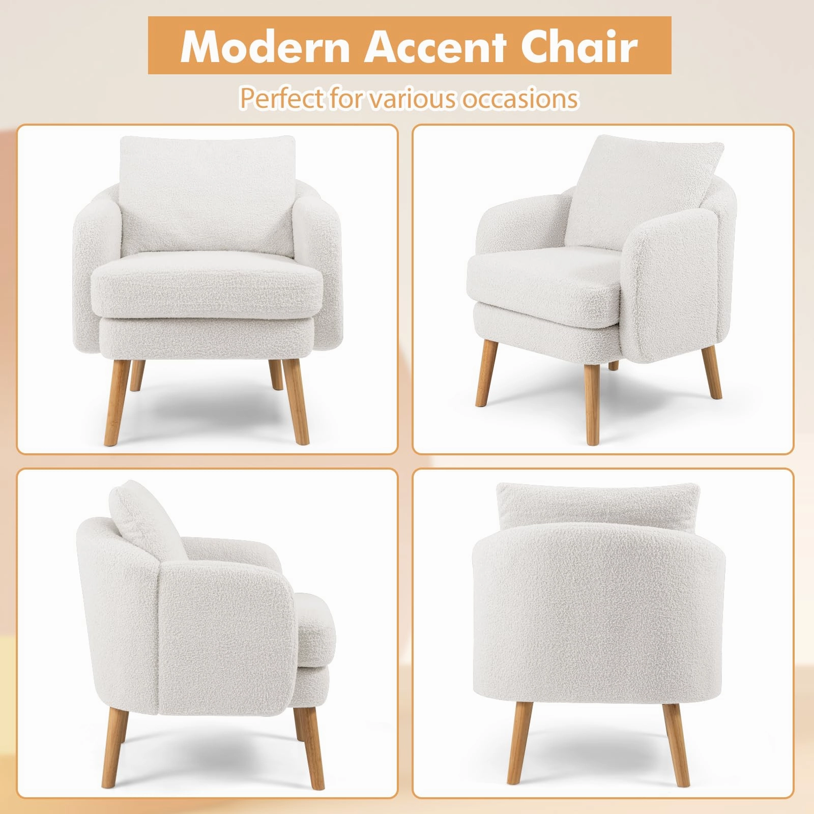 Giantex Sherpa Accent Chair, Modern Upholstered Single Sofa Chair with Back Pillow & Solid Rubber Wood Legs