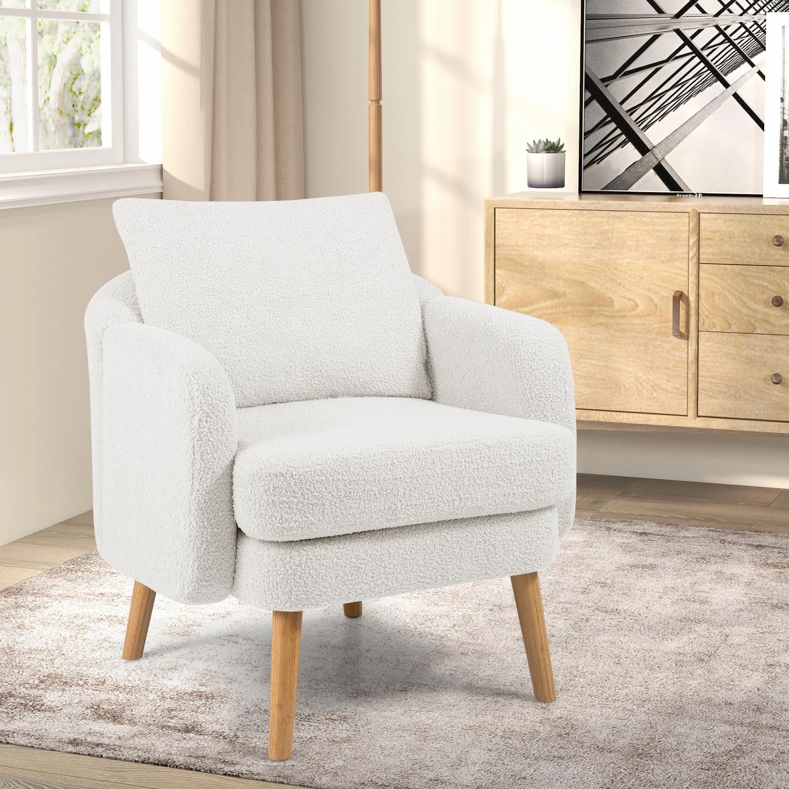 Giantex Sherpa Accent Chair, Modern Upholstered Single Sofa Chair with Back Pillow & Solid Rubber Wood Legs