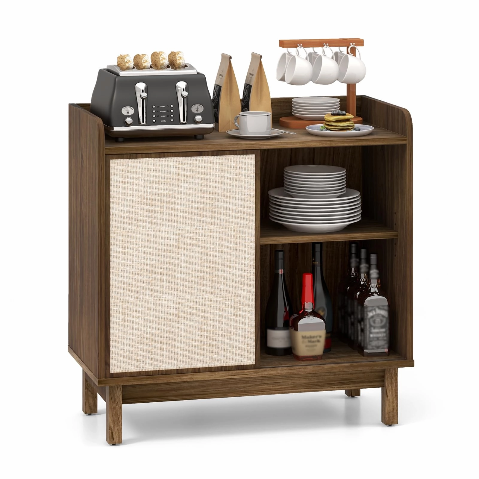 Giantex Sideboard Cabinet, Farmhouse Buffet Storage Cabinet with Sliding Rattan Door, 2 Adjustable Shelves kitchen towel, placemats