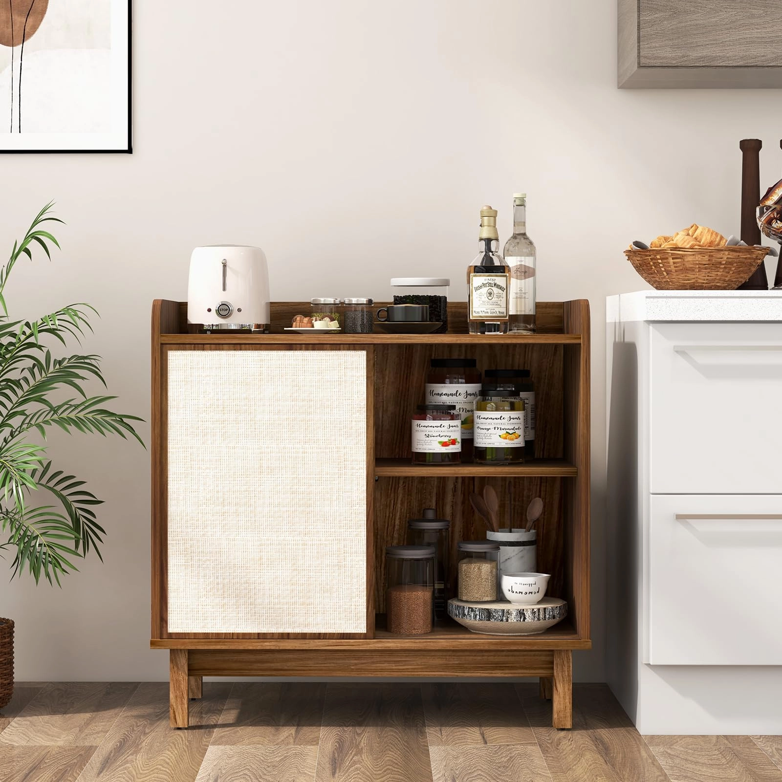 Giantex Sideboard Cabinet, Farmhouse Buffet Storage Cabinet with Sliding Rattan Door, 2 Adjustable Shelves