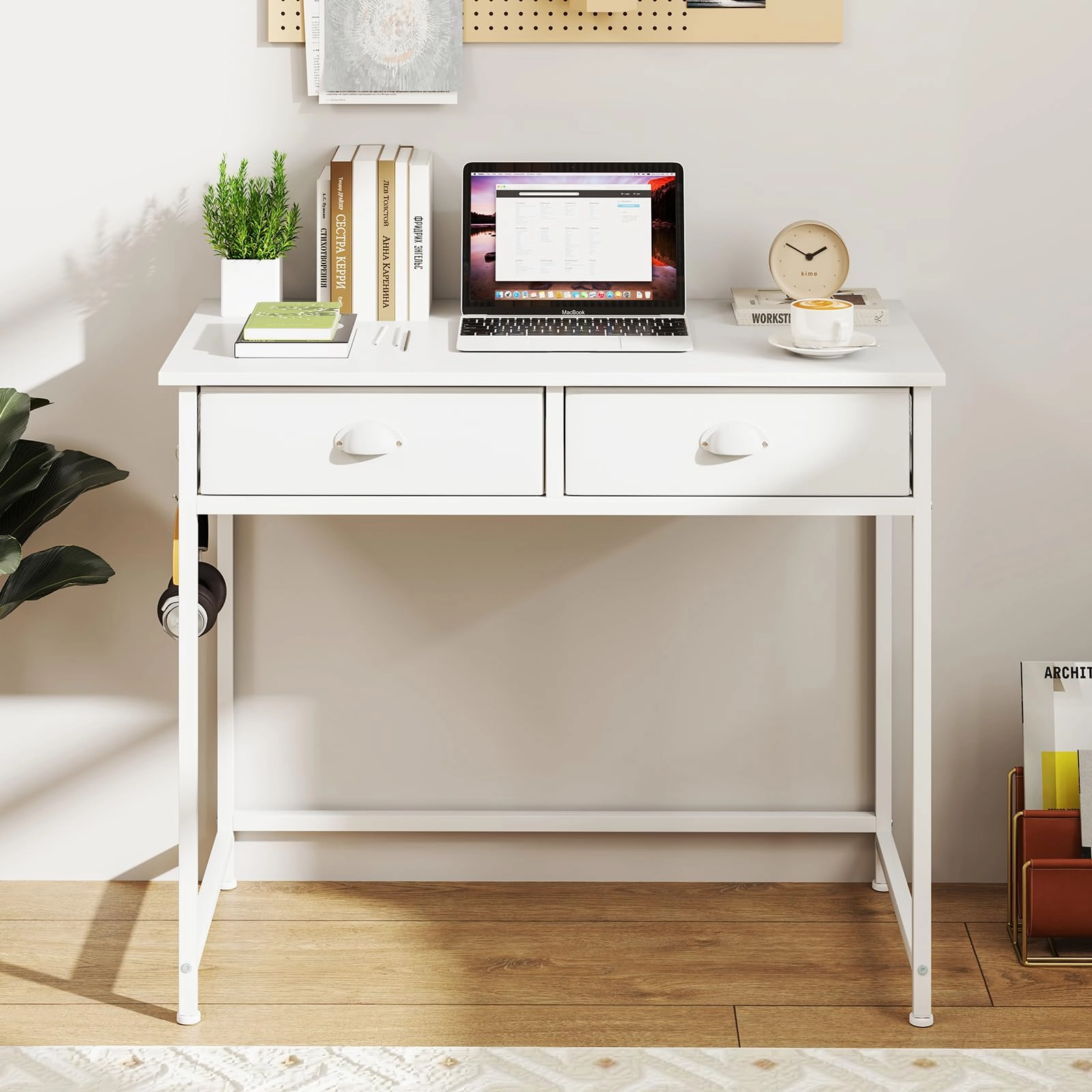 Giantex Small Computer Desk with Fabric Drawers, 36 Inch Home Office Desk with 4 Hanging Hooks & Metal Frame