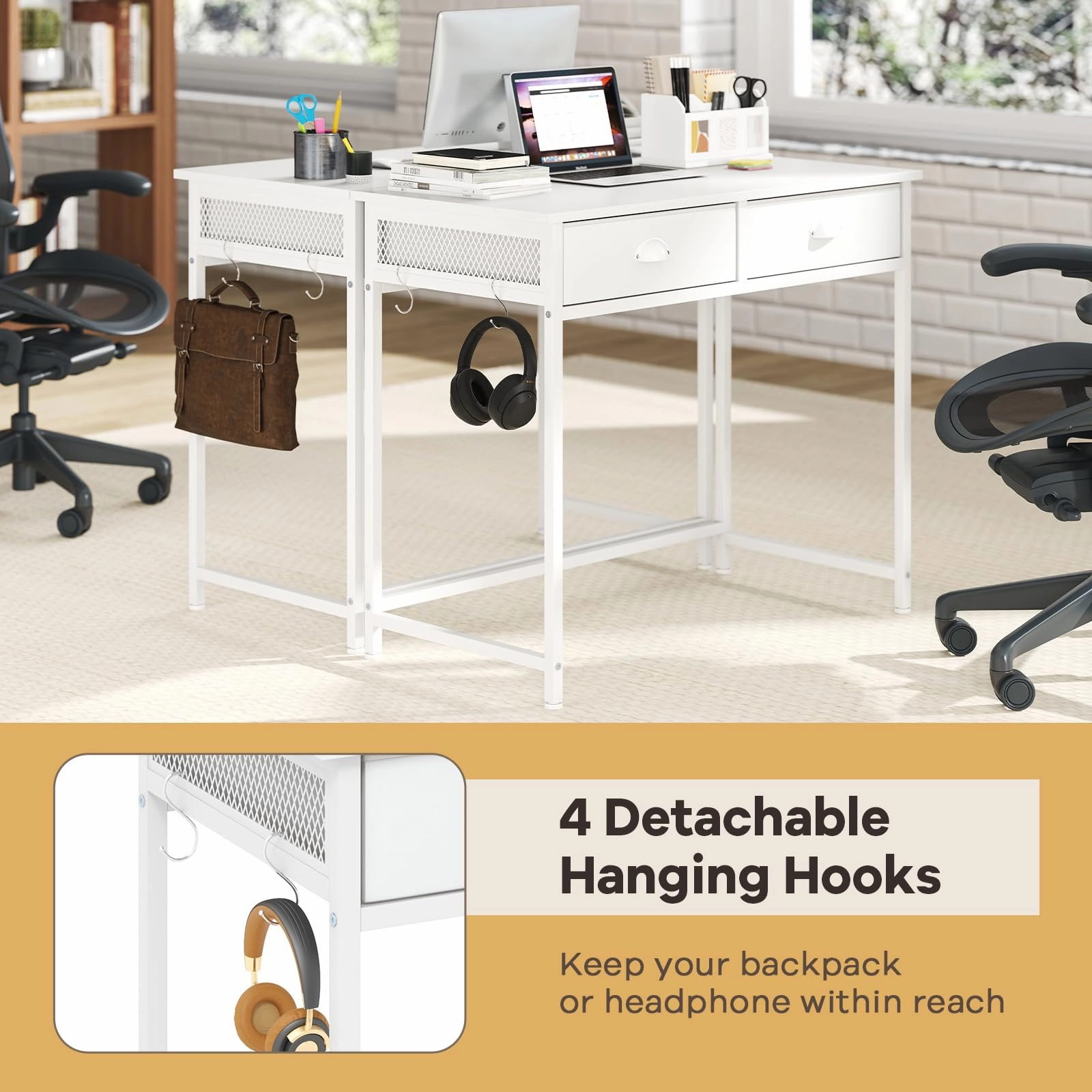 Giantex Small Computer Desk with Fabric Drawers, 36 Inch Home Office Desk with 4 Hanging Hooks & Metal Frame