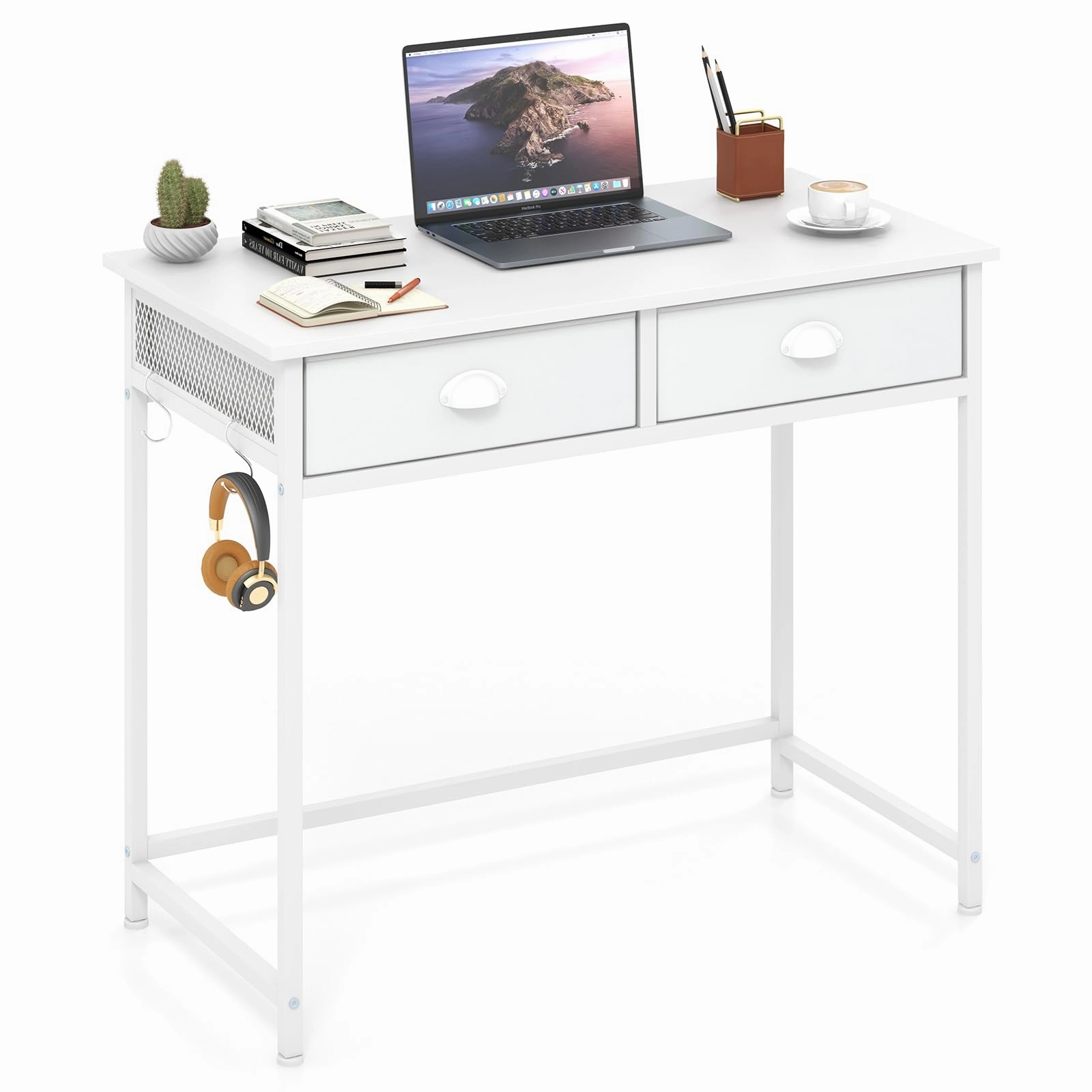 Giantex Small Computer Desk with Fabric Drawers, 36 Inch Home Office Desk with 4 Hanging Hooks & Metal Frame patio decor, garden accessories