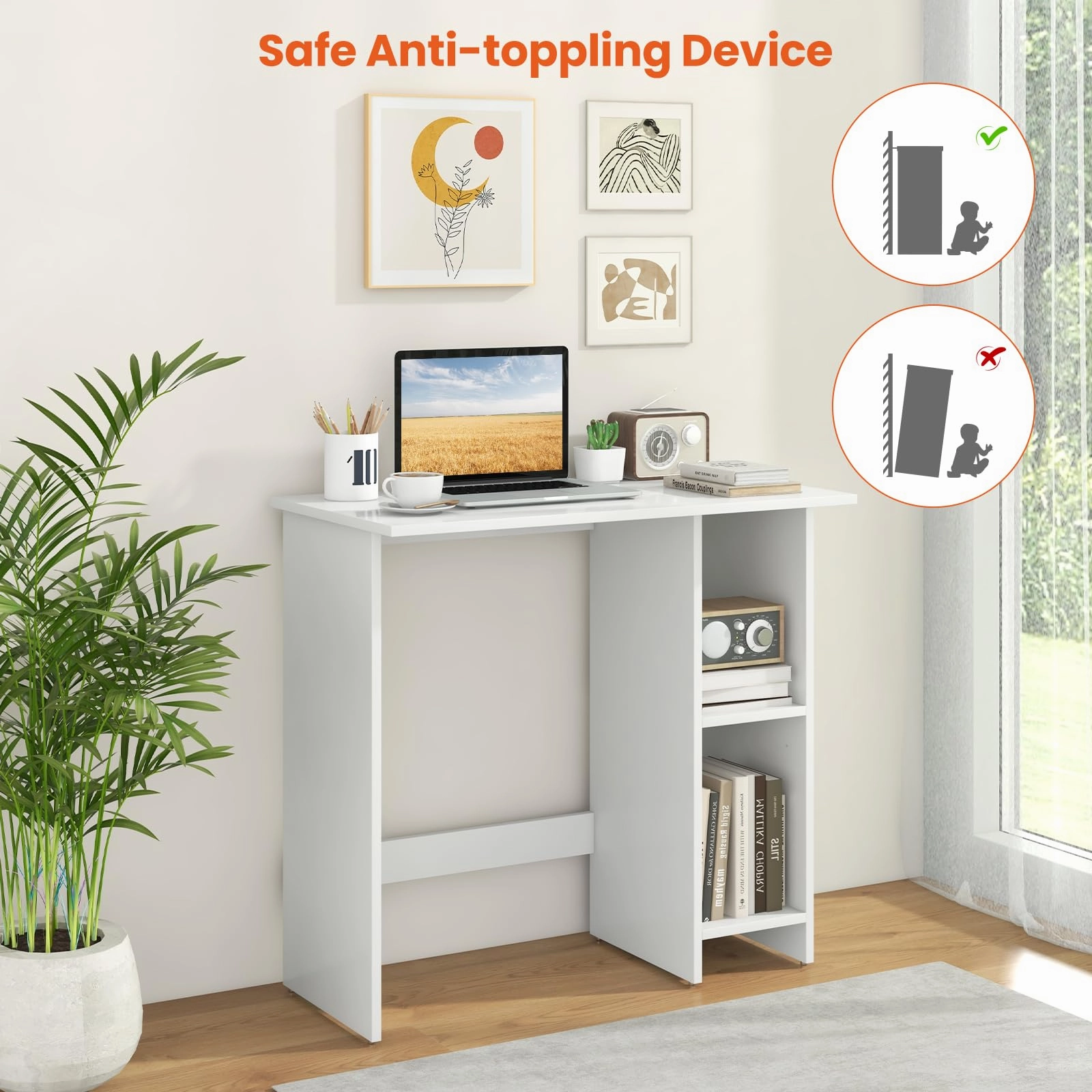 Giantex Small Desk, Compact Study Writing Desk with 3-Position Adjustable Shelf, Anti-Toppling Kit
