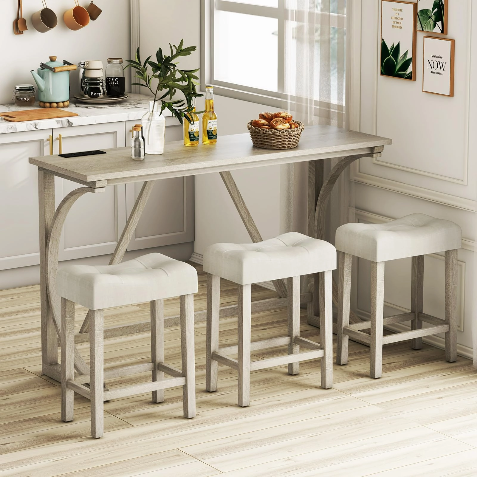 Giantex Small Dining Table Set - 4-Piece Bar Table and Chairs Set with Power Outlet