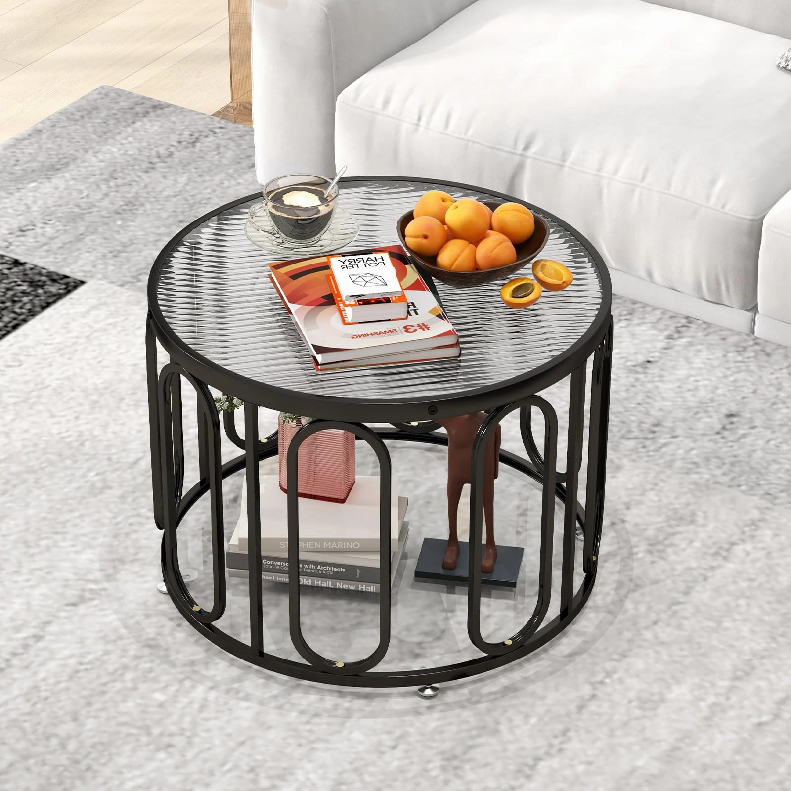 Giantex Small Round Glass Coffee Table, 24" Accent Side Sofa Tea Table with Tempered Glass Top & Oval Swivel Brackets
