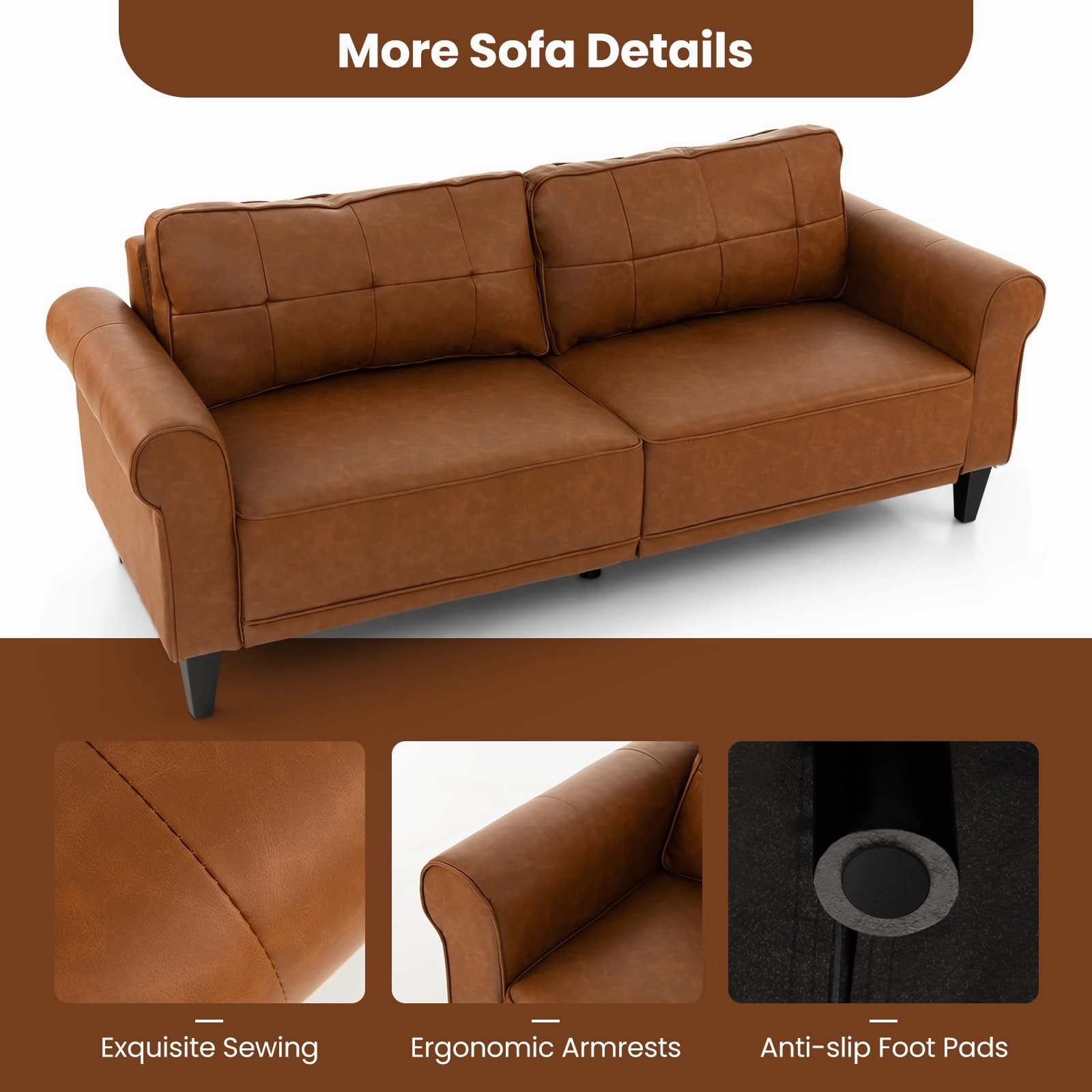 Giantex Sofa Couch, 81.5'' Upholstered 3-Seater Sofa Couch with Faux Leather (Brown)