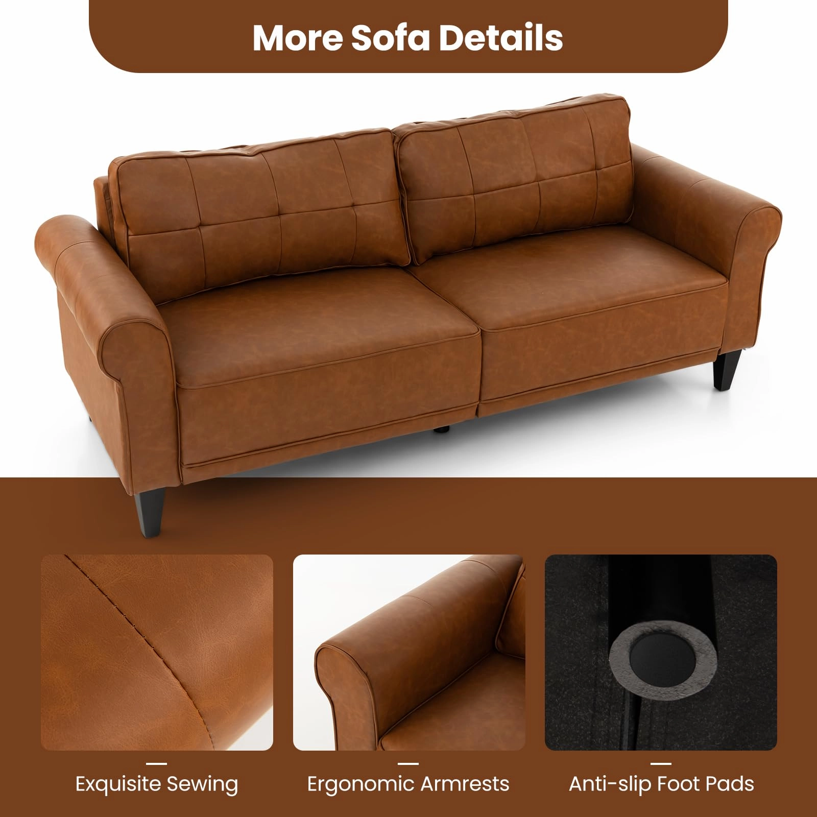 Giantex Sofa Couch, 81.5'' Upholstered 3-Seater Sofa Couch with Faux Leather (Brown)
