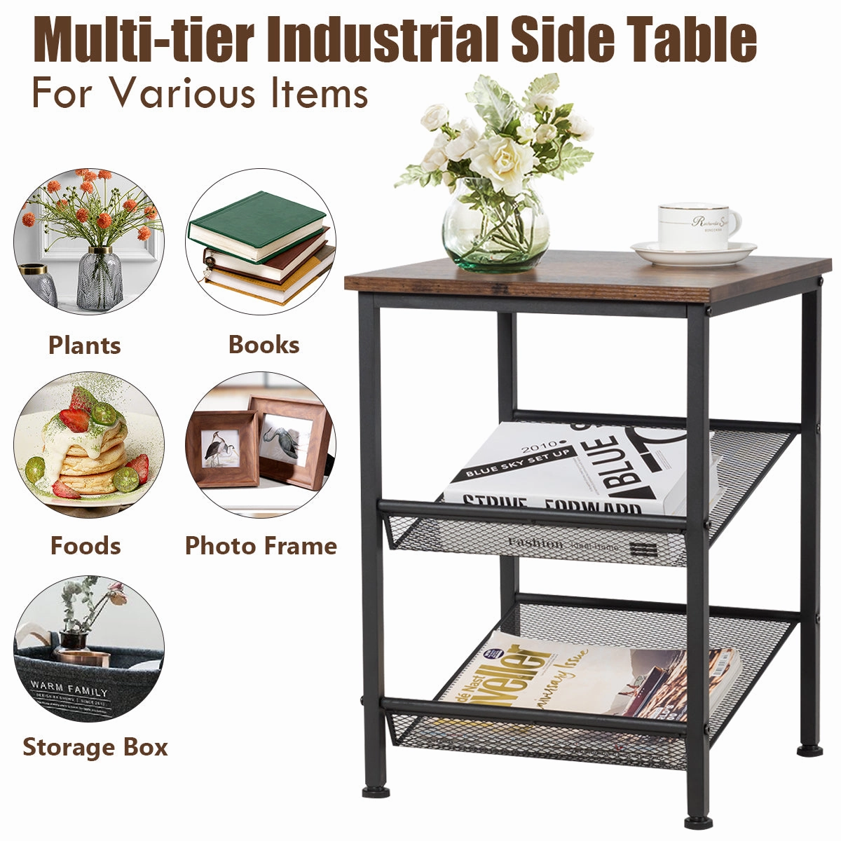 Giantex Stable Metal Frame Easy Assembly Accent Wood Look Printer Table Bedroom Nightstand(1,Black&Rustic Brown)