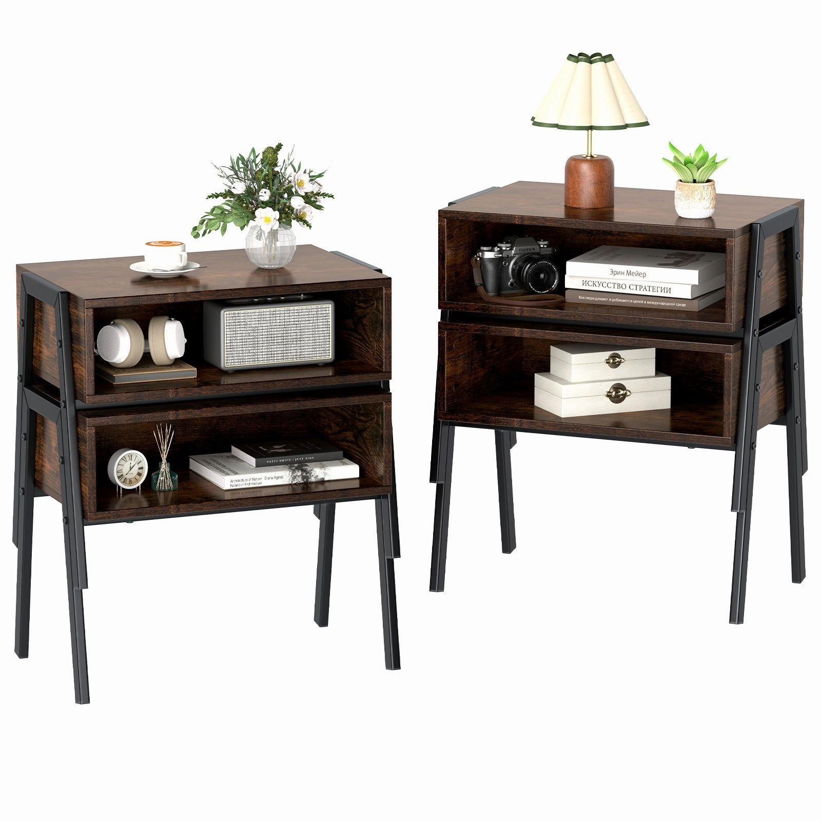 Giantex Stackable End Table Set of 2, Compact Nightstands w/Metal Frame & Open Compartments