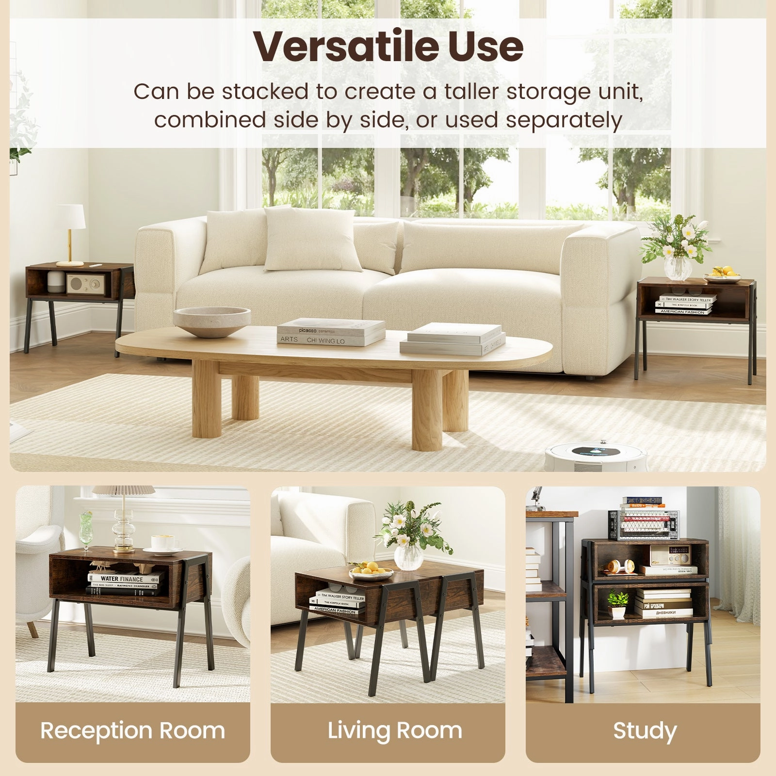 Giantex Stackable End Table Set of 2, Compact Nightstands w/Metal Frame & Open Compartments