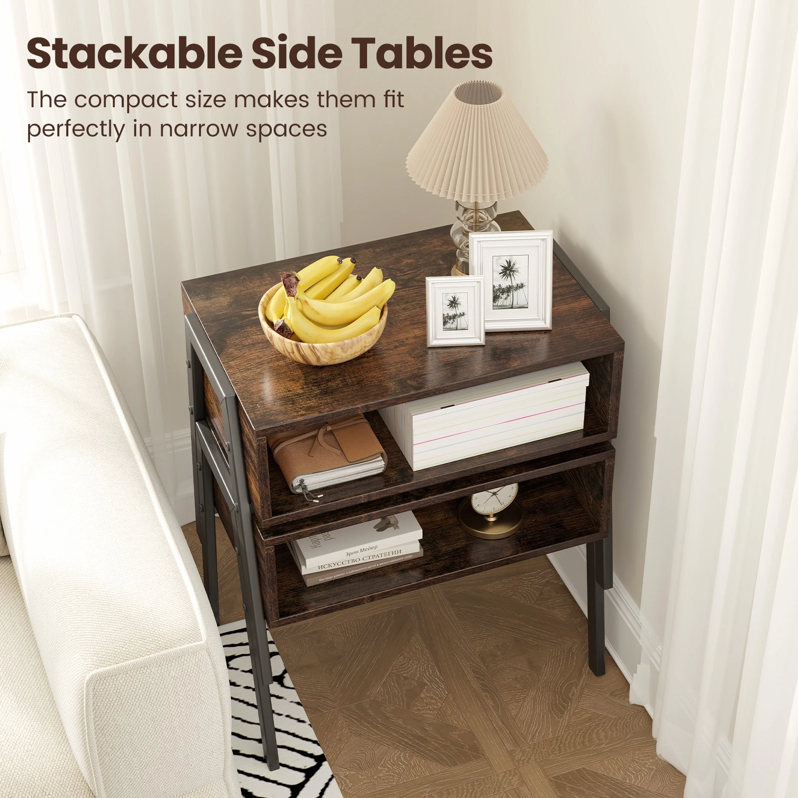 Giantex Stackable End Table Set of 2, Compact Nightstands w/Metal Frame & Open Compartments