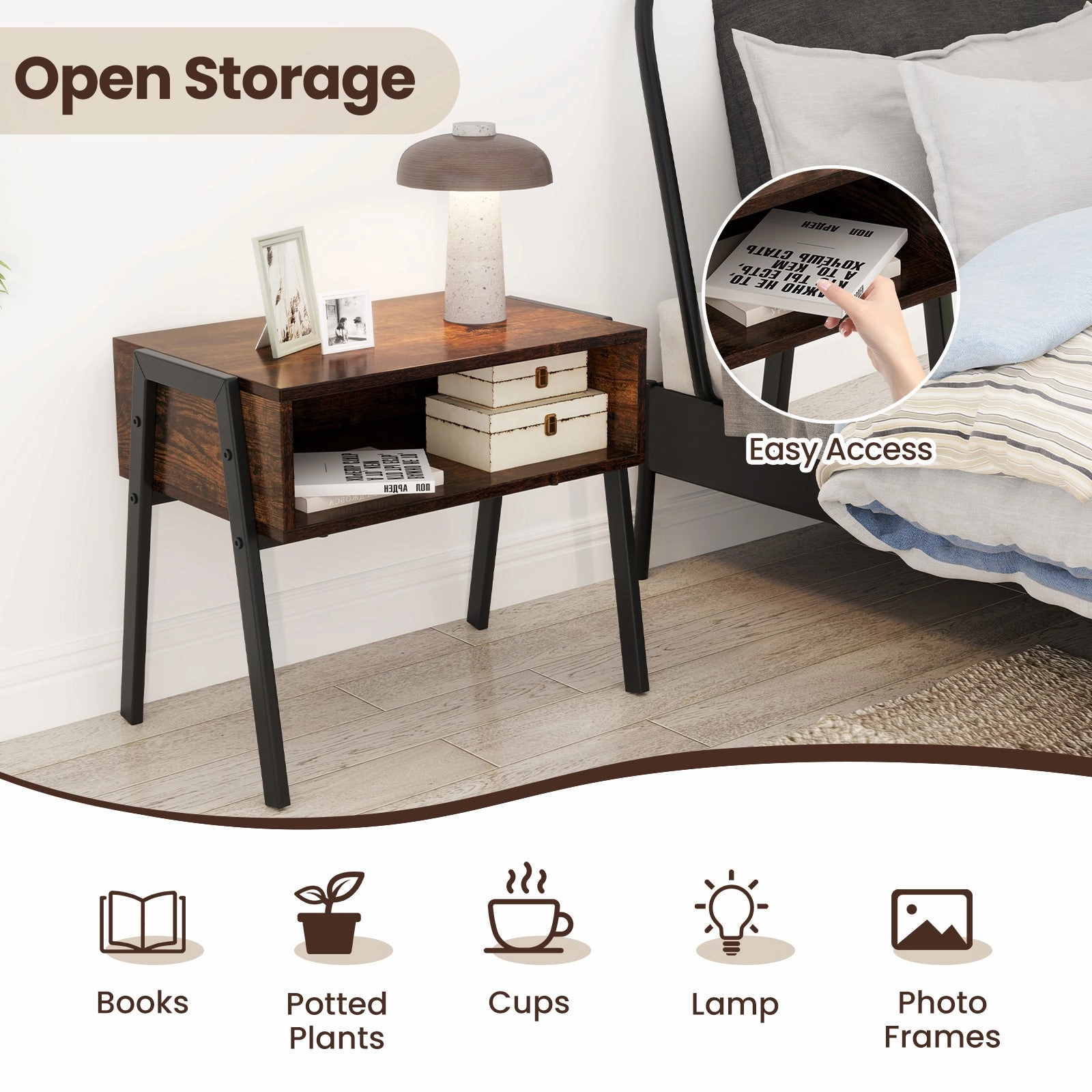 Giantex Stackable End Table Set of 2, Compact Nightstands w/Metal Frame & Open Compartments