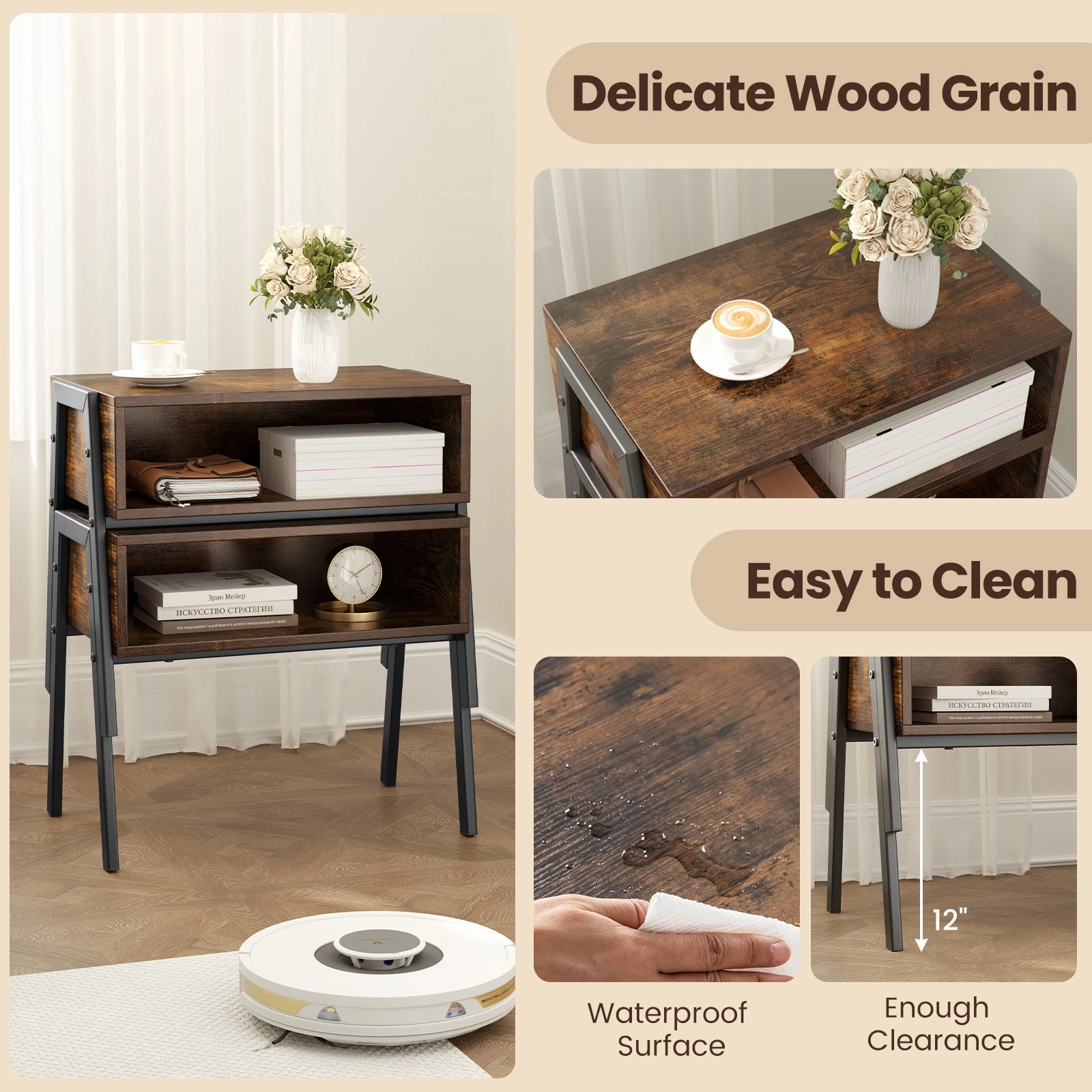 Giantex Stackable End Table Set of 2, Compact Nightstands w/Metal Frame & Open Compartments