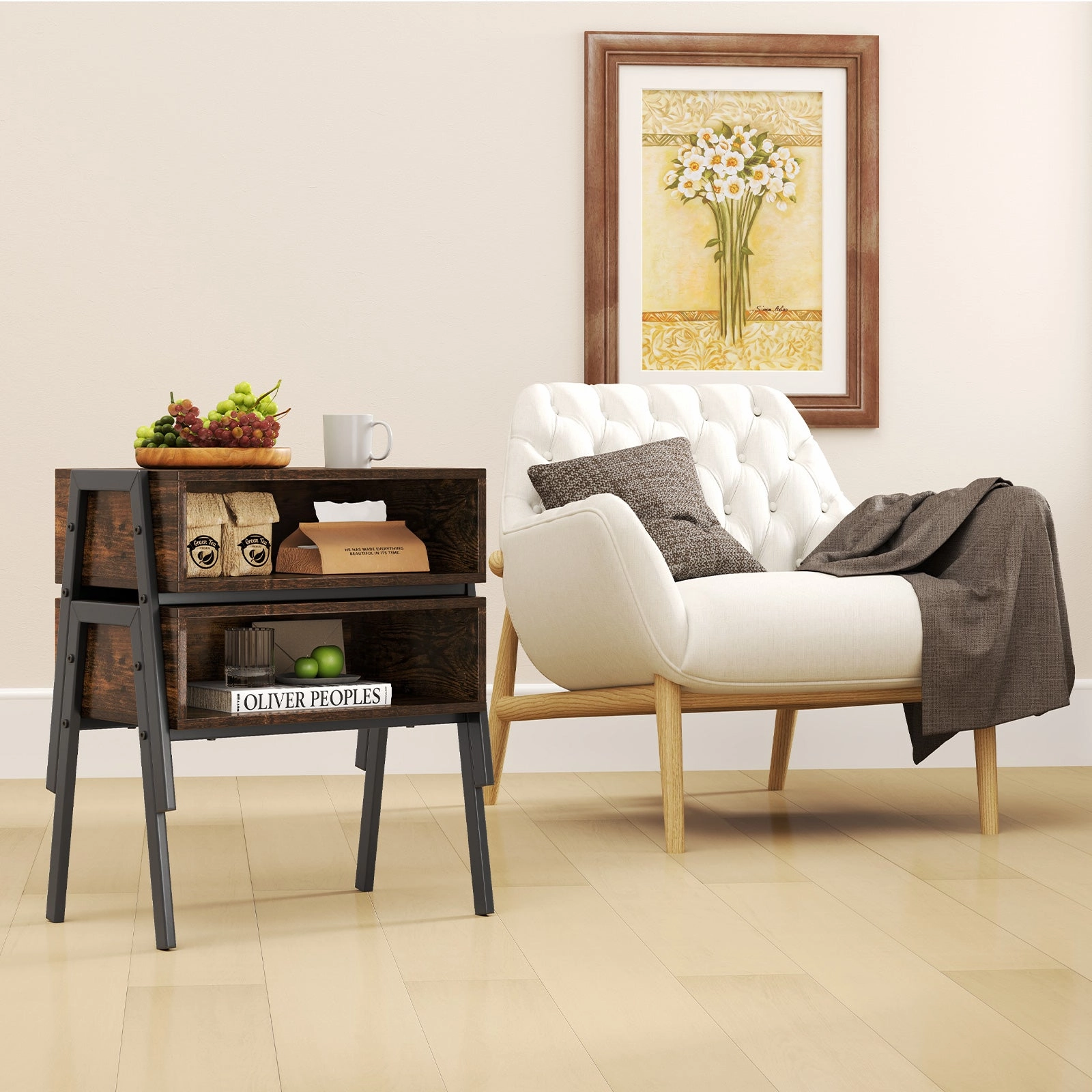 Giantex Stackable End Table Set of 2, Compact Nightstands w/Metal Frame & Open Compartments