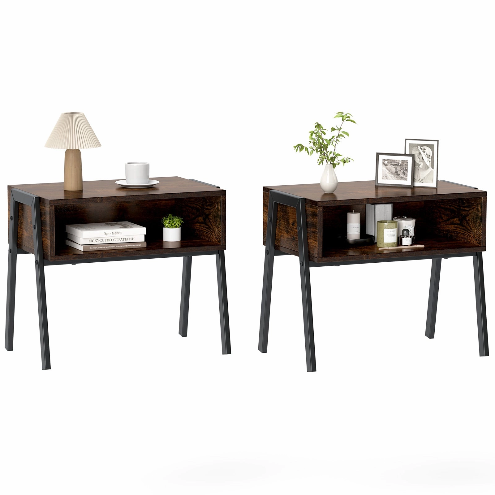 Giantex Stackable End Table Set of 2, Compact Nightstands w/Metal Frame & Open Compartments throw pillow, fuzzy blanket