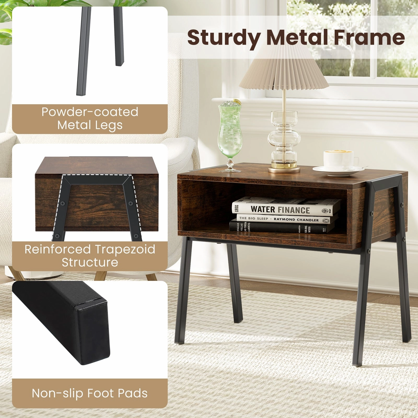Giantex Stackable End Table Set of 2, Compact Nightstands w/Metal Frame & Open Compartments