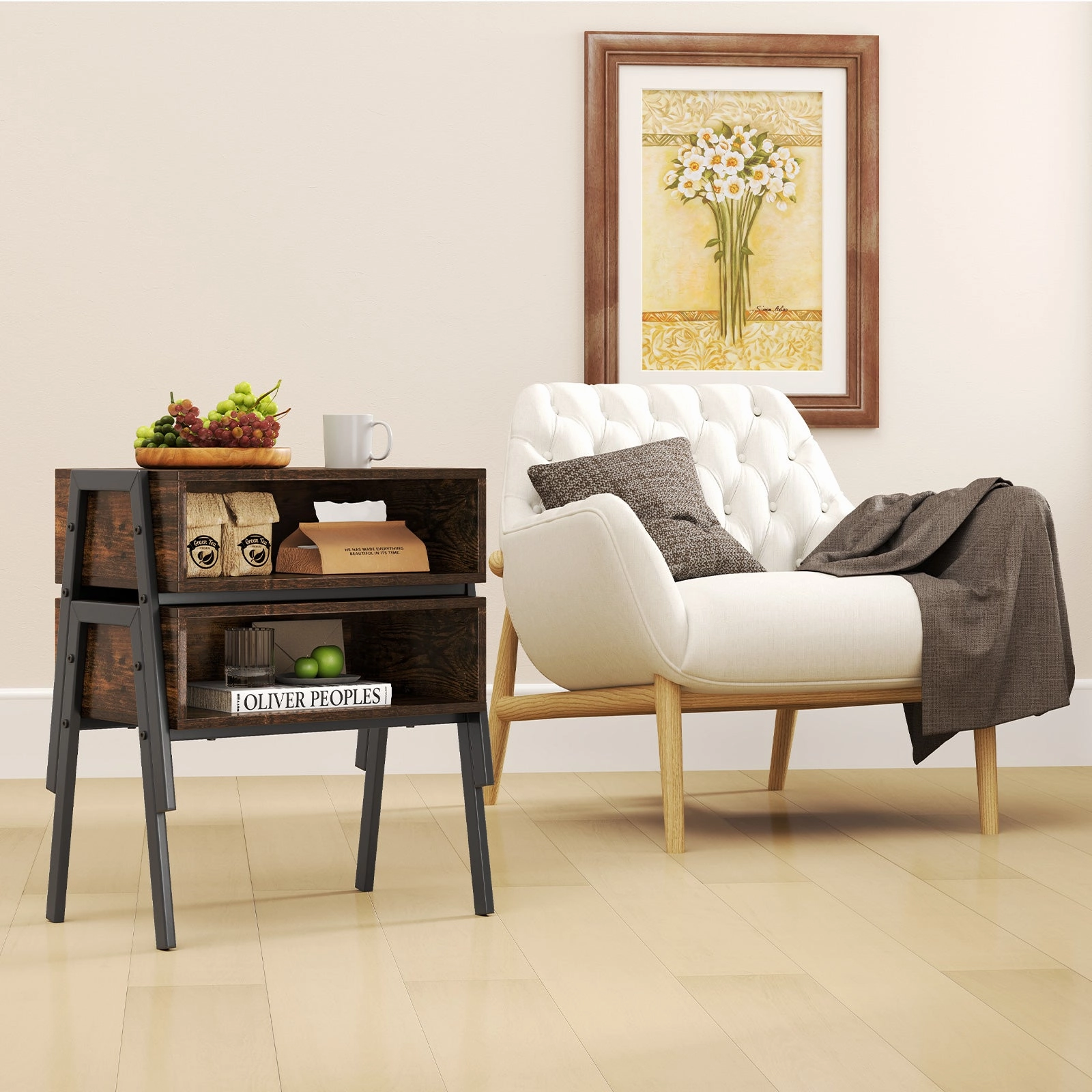 Giantex Stackable End Table Set of 2, Compact Nightstands w/Metal Frame & Open Compartments