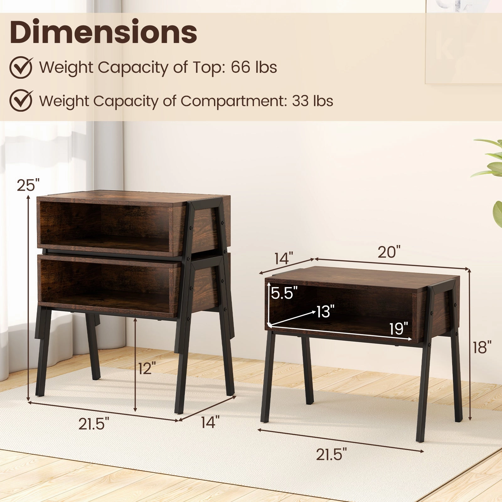 Giantex Stackable End Table Set of 2, Compact Nightstands w/Metal Frame & Open Compartments