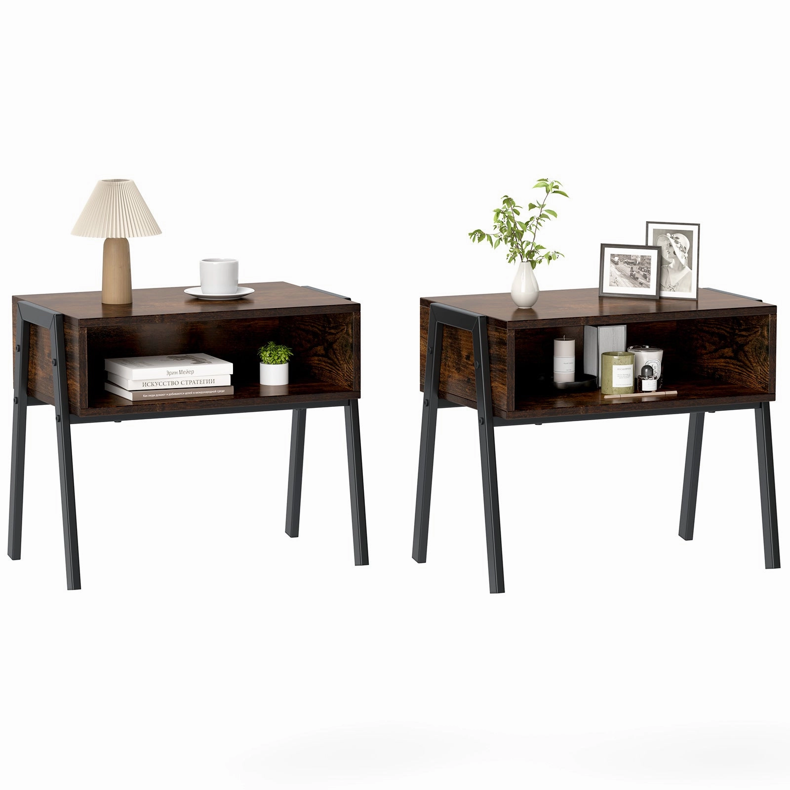 Giantex Stackable End Table Set of 2, Compact Nightstands w/Metal Frame & Open Compartments entry bench, mudroom storage