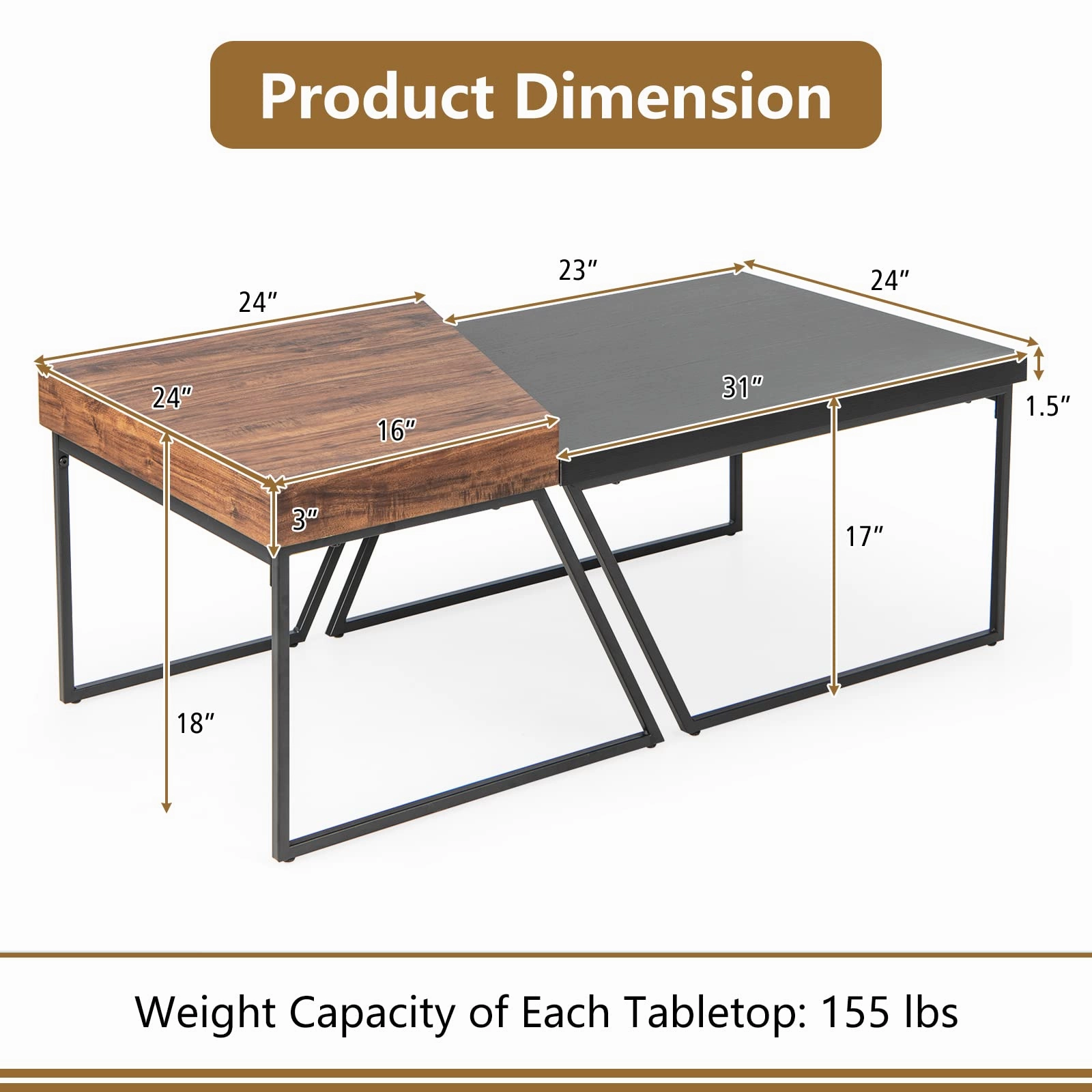 Giantex Stacking Coffee Table Set of 2, Black & Brown Modern Side Table