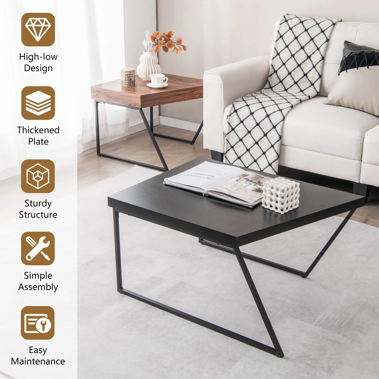 Giantex Stacking Coffee Table Set of 2, Black & Brown Modern Side Table