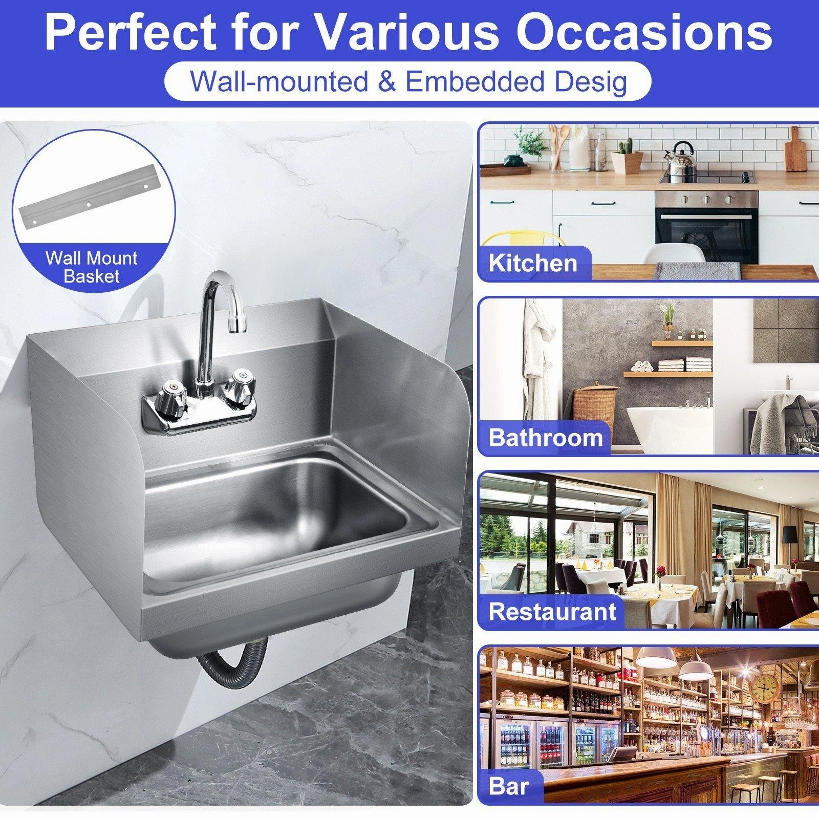 Giantex Stainless Steel Hand Washing Sink, Wall Mount Hand Sink w/ Faucet, 17" x 15"