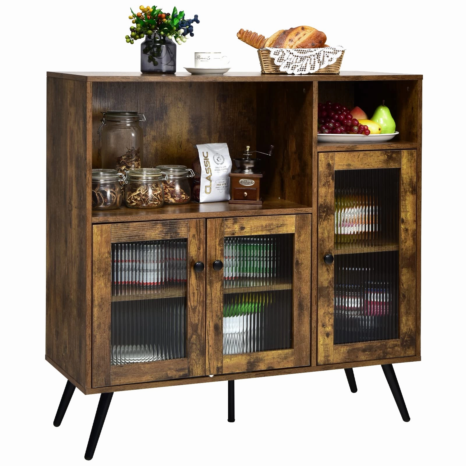 Giantex Storage Cabinet, Industrial Buffet Sideboard with Storage, 3 Door Wood Cupboard, 2 Creadenzas 2 Shelves kitchen towel, placemats