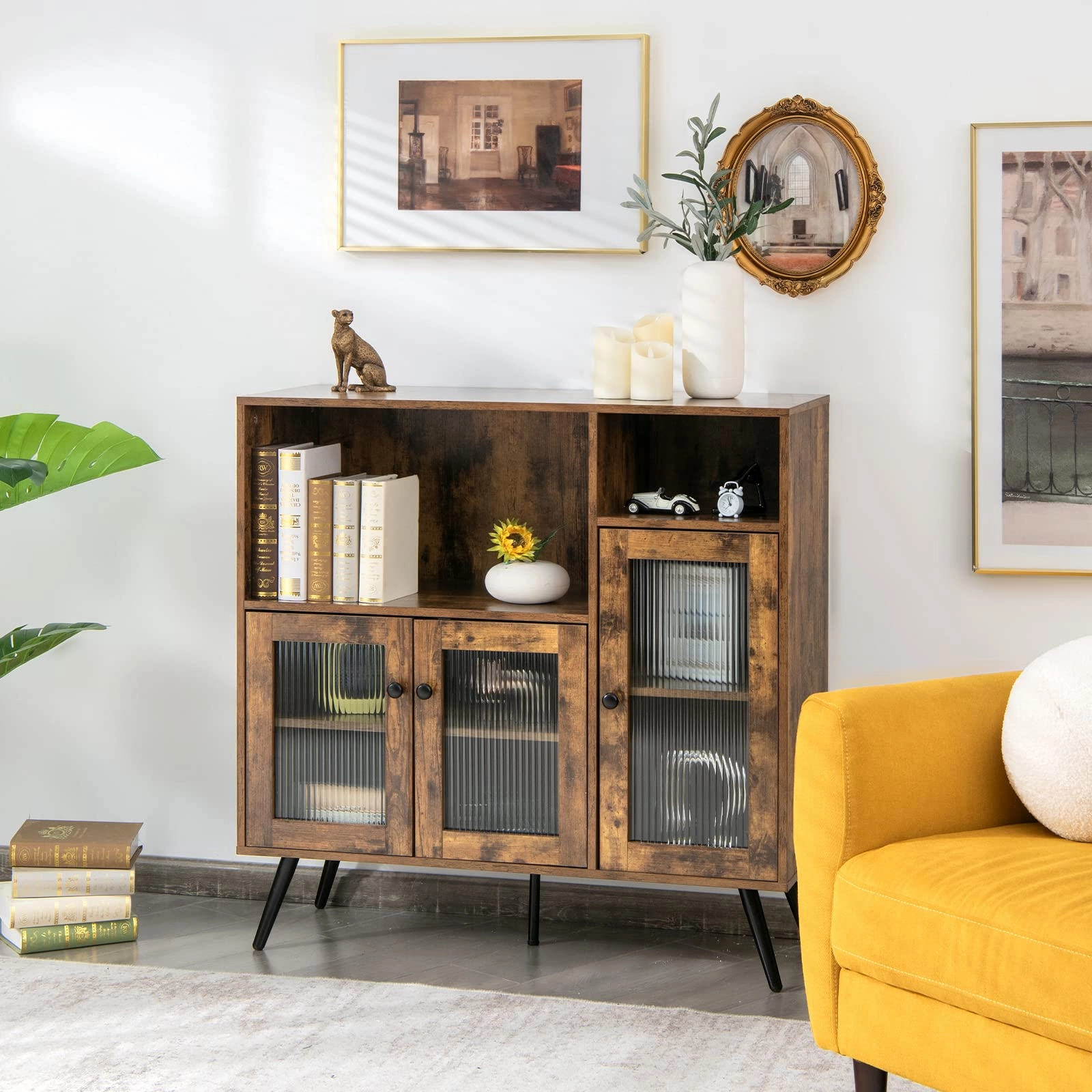 Giantex Storage Cabinet, Industrial Buffet Sideboard with Storage, 3 Door Wood Cupboard, 2 Creadenzas 2 Shelves