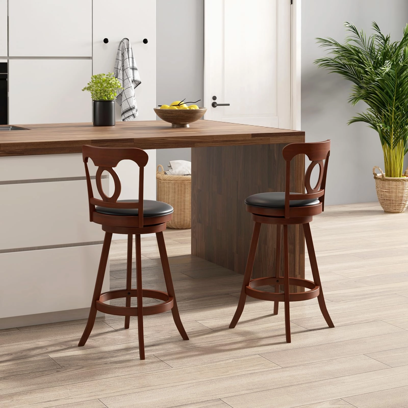 Giantex Swivel Bar Stools Set of 2, 24" Counter Height Barstools with Back, Solid Rubber Wood Frame
