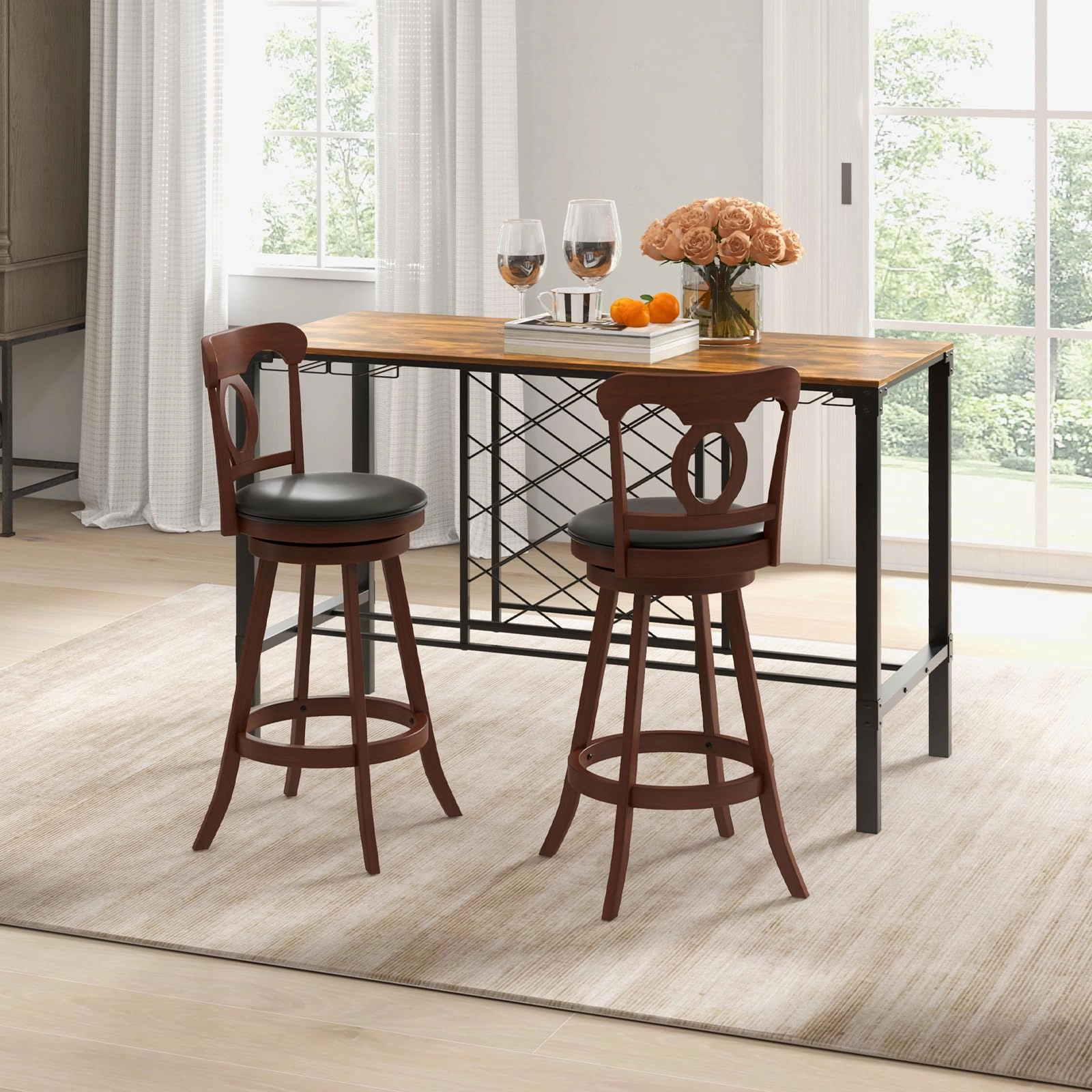 Giantex Swivel Bar Stools Set of 2, 24" Counter Height Barstools with Back, Solid Rubber Wood Frame
