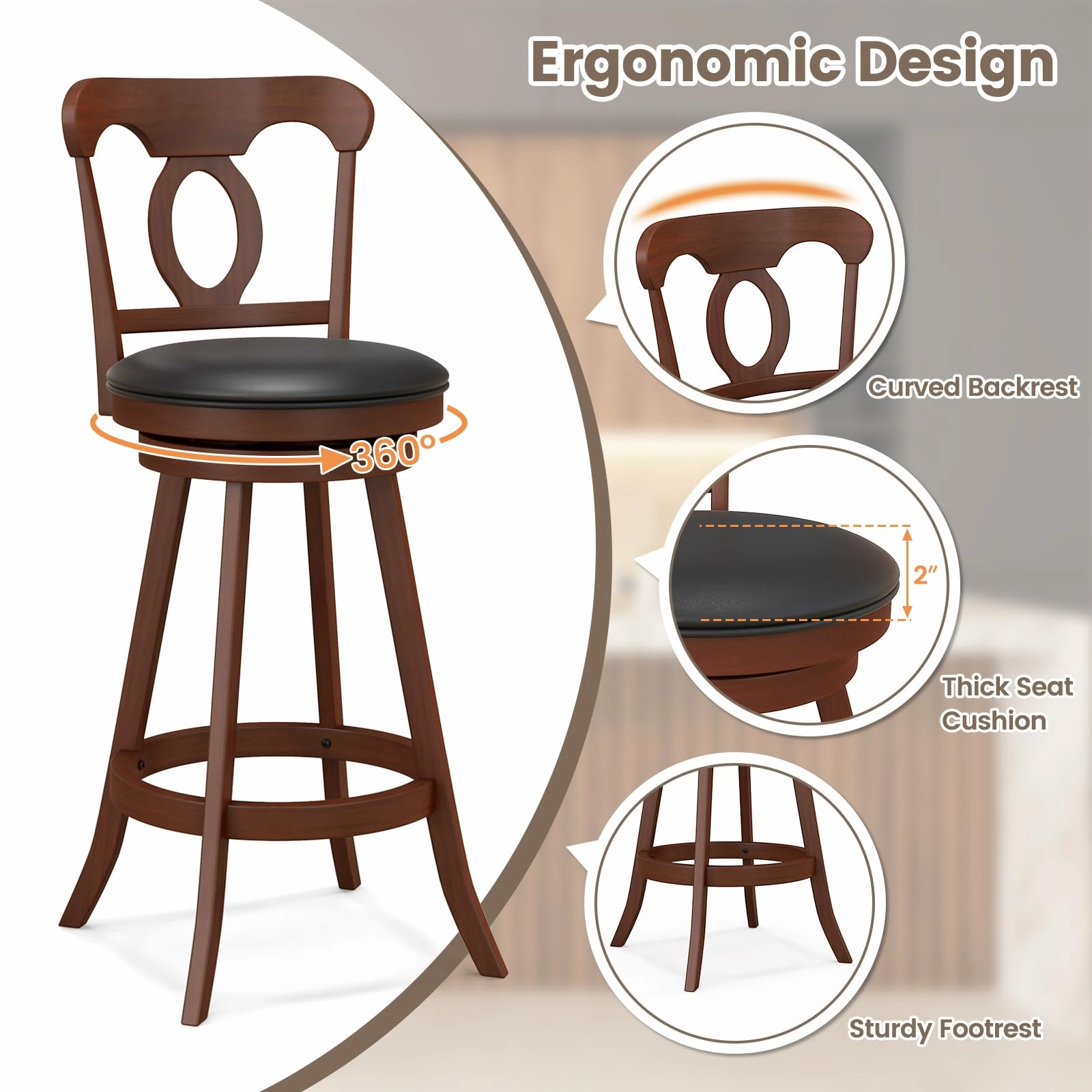 Giantex Swivel Bar Stools Set of 2, 24" Counter Height Barstools with Back, Solid Rubber Wood Frame