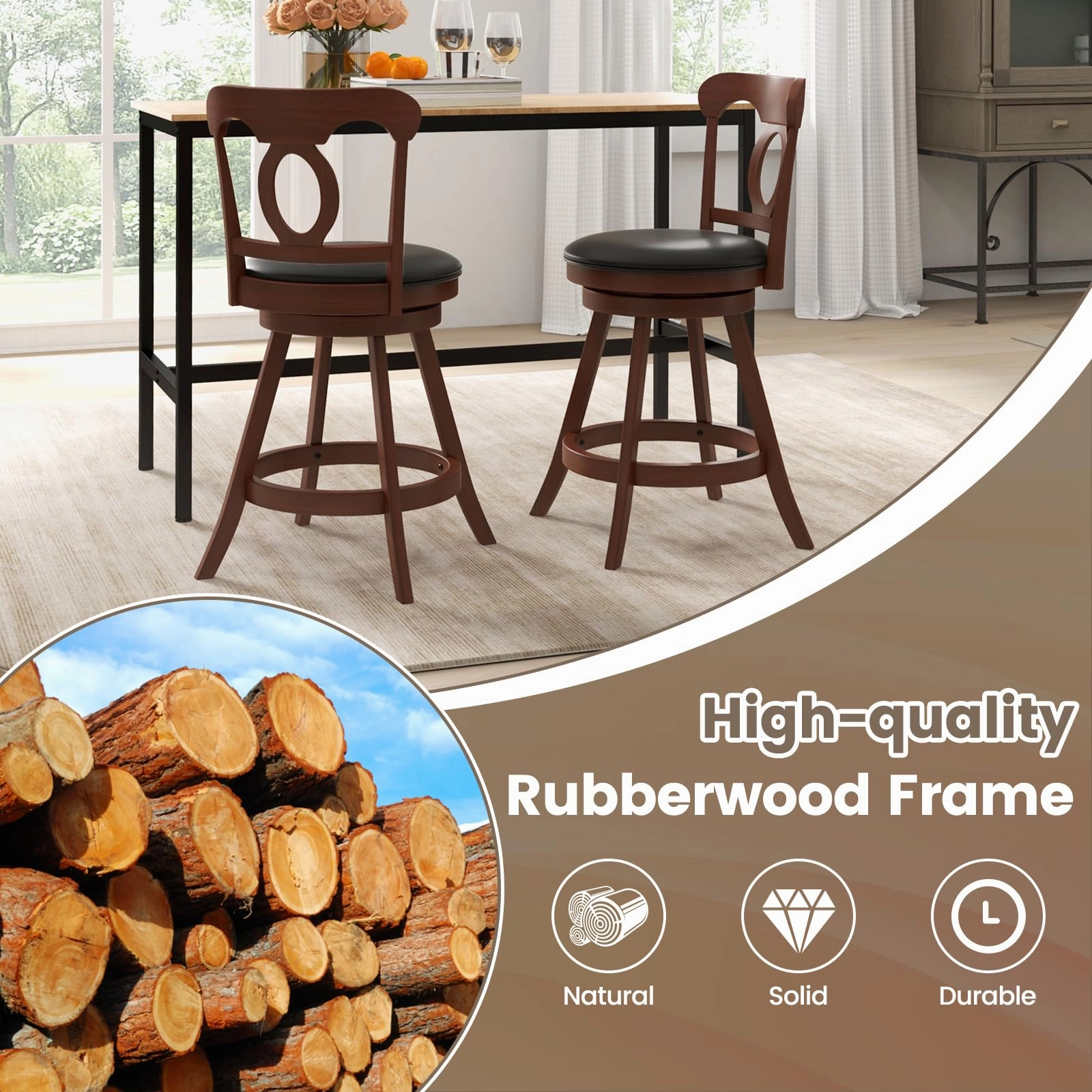 Giantex Swivel Bar Stools Set of 2, 24" Counter Height Barstools with Back, Solid Rubber Wood Frame
