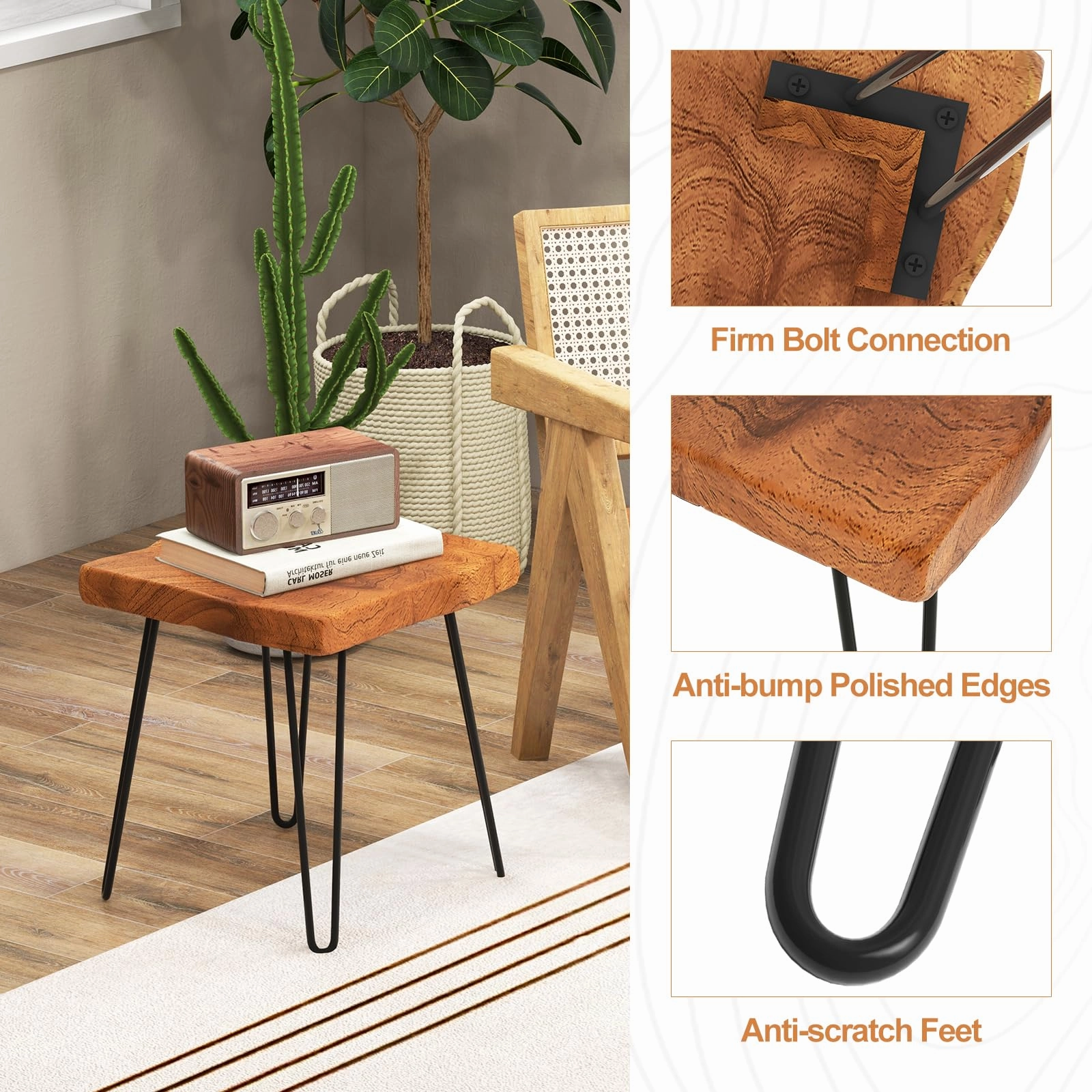 Giantex Teak Wood End Table, Solid Live Edge Outdoor Side Table w/Natural Grain & Heavy-Duty Metal Legs