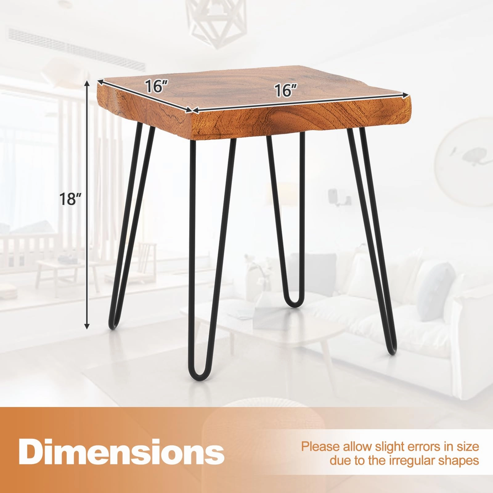Giantex Teak Wood End Table, Solid Live Edge Outdoor Side Table w/Natural Grain & Heavy-Duty Metal Legs