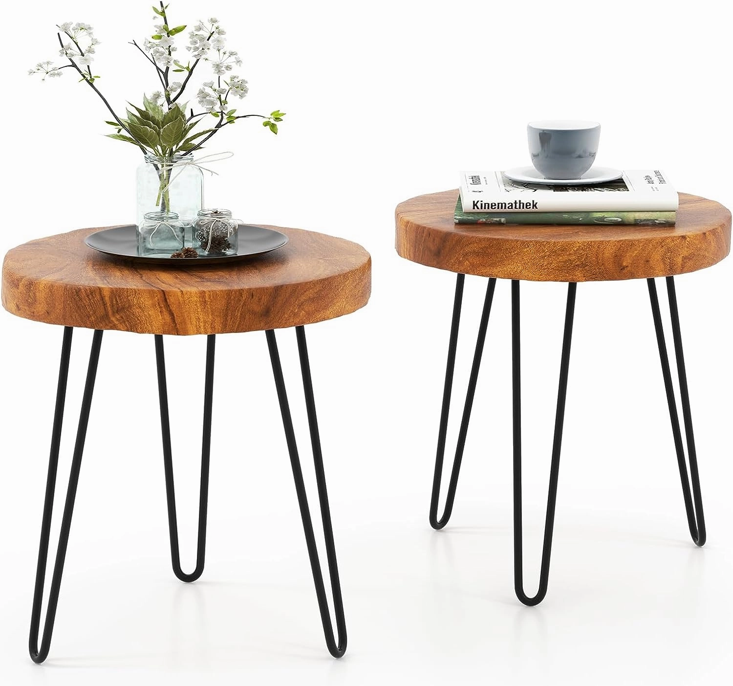 Giantex Teak Wood End Table, Solid Live Edge Outdoor Side Table w/Natural Grain & Heavy-Duty Metal Legs