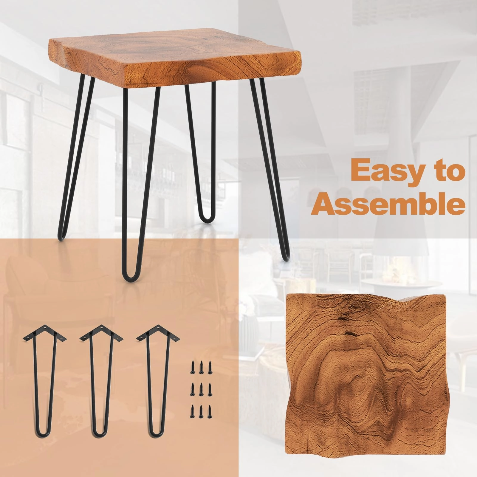 Giantex Teak Wood End Table, Solid Live Edge Outdoor Side Table w/Natural Grain & Heavy-Duty Metal Legs