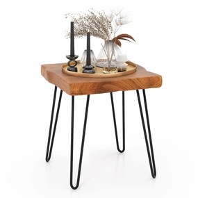 Giantex Teak Wood End Table, Solid Live Edge Outdoor Side Table w/Natural Grain & Heavy-Duty Metal Legs entry bench, mudroom storage