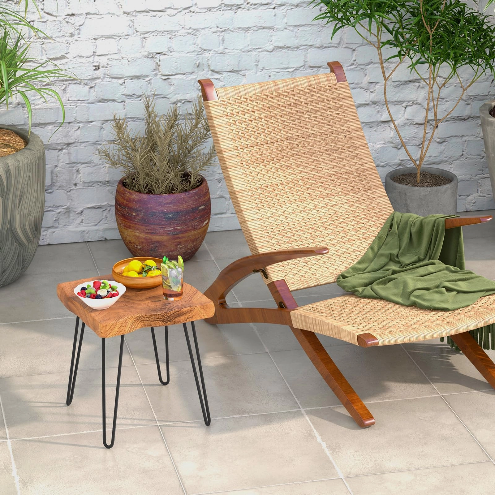 Giantex Teak Wood End Table, Solid Live Edge Outdoor Side Table w/Natural Grain & Heavy-Duty Metal Legs