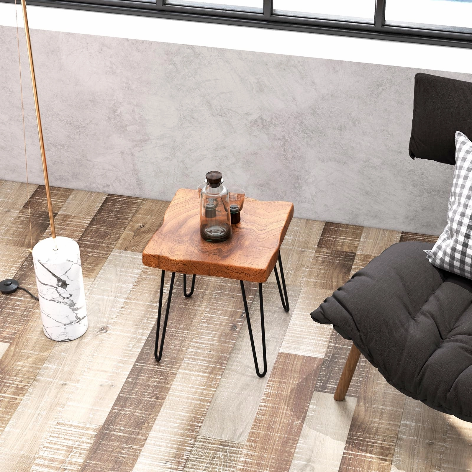 Giantex Teak Wood End Table, Solid Live Edge Outdoor Side Table w/Natural Grain & Heavy-Duty Metal Legs