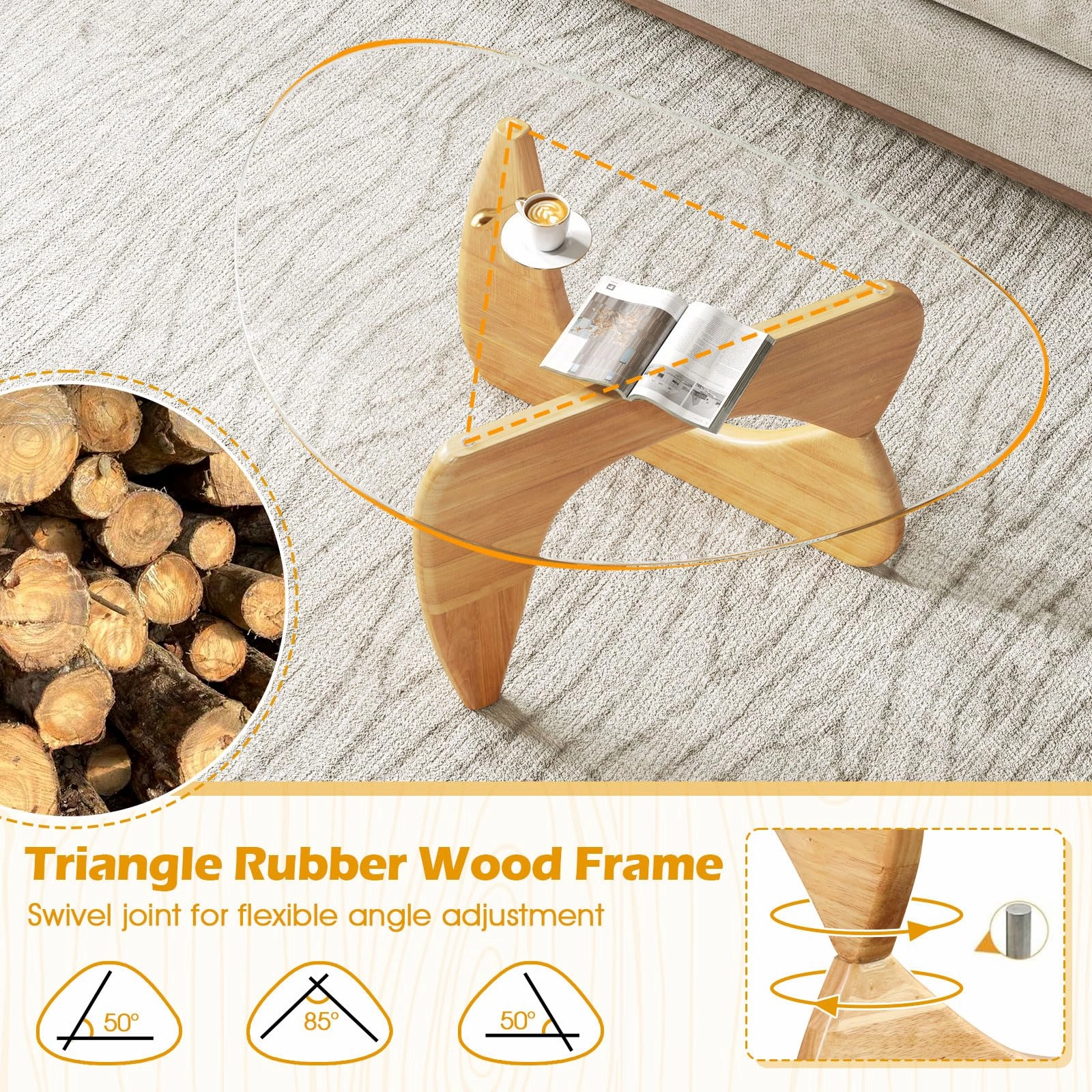 Giantex Triangle Glass Coffee Table, Solid Wood Tea Table with Tempered Glass Top & Adjustable Base
