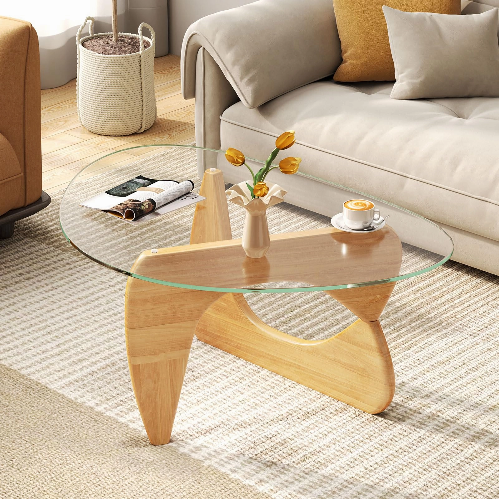 Giantex Triangle Glass Coffee Table, Solid Wood Tea Table with Tempered Glass Top & Adjustable Base throw pillow, fuzzy blanket
