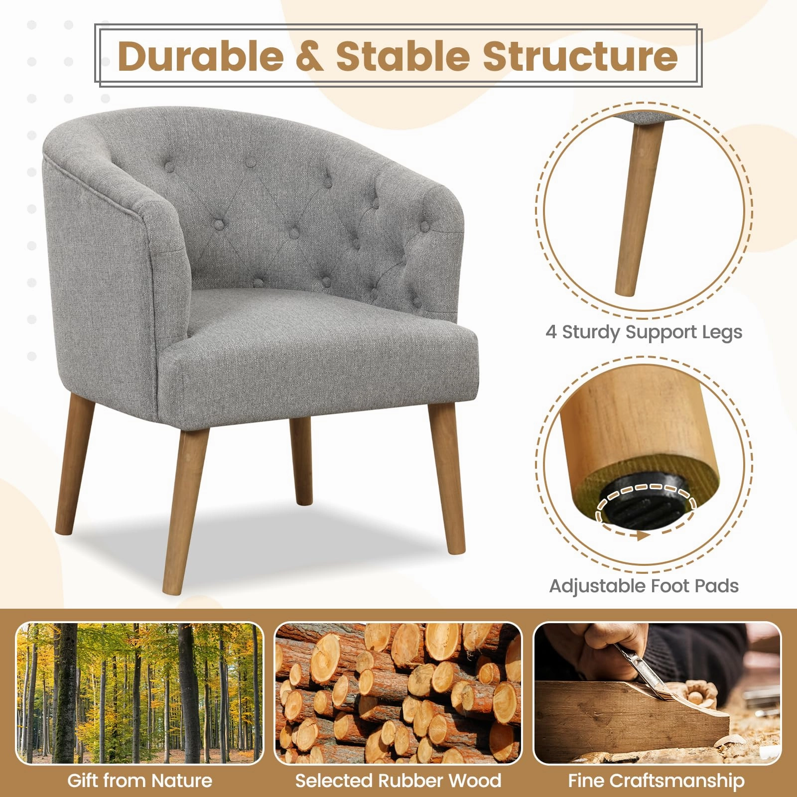 Giantex Tufted Accent Chair Set of 1 or 2 Grey, Upholstered Accent Armchair with Rubber Wood Legs
