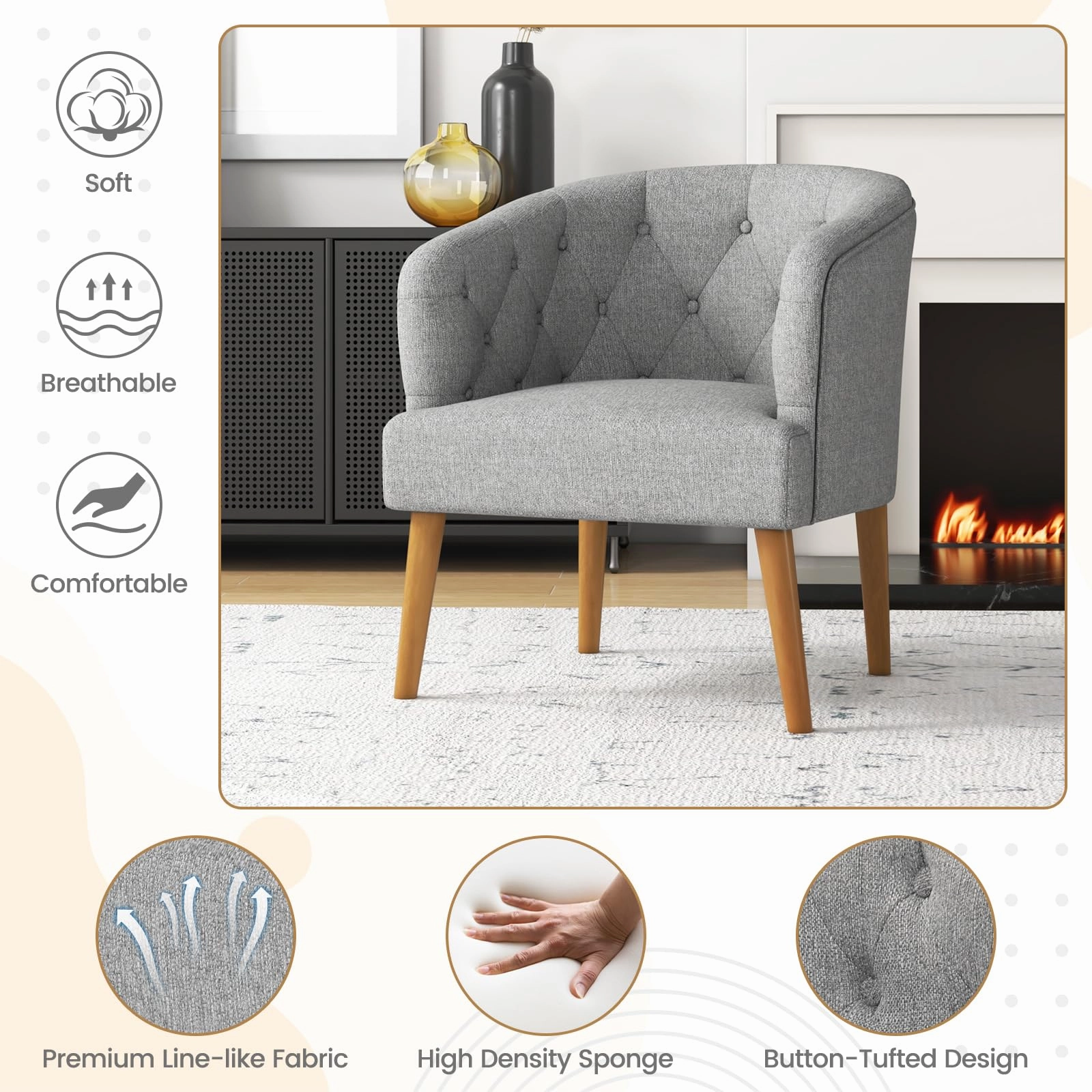 Giantex Tufted Accent Chair Set of 1 or 2 Grey, Upholstered Accent Armchair with Rubber Wood Legs