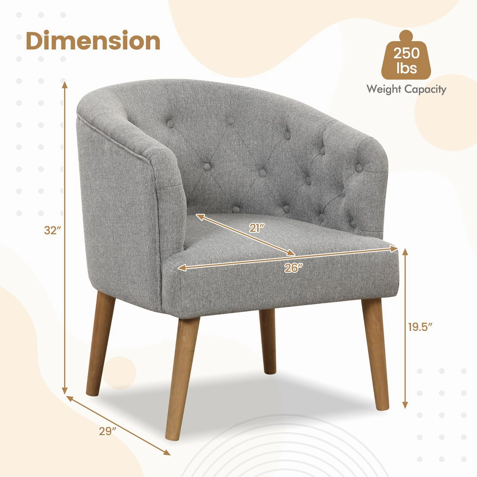 Giantex Tufted Accent Chair Set of 1 or 2 Grey, Upholstered Accent Armchair with Rubber Wood Legs