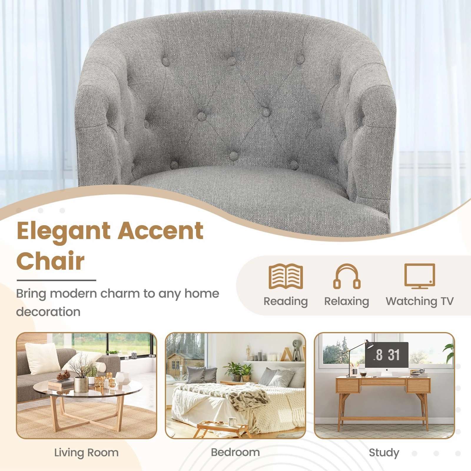 Giantex Tufted Accent Chair Set of 1 or 2 Grey, Upholstered Accent Armchair with Rubber Wood Legs