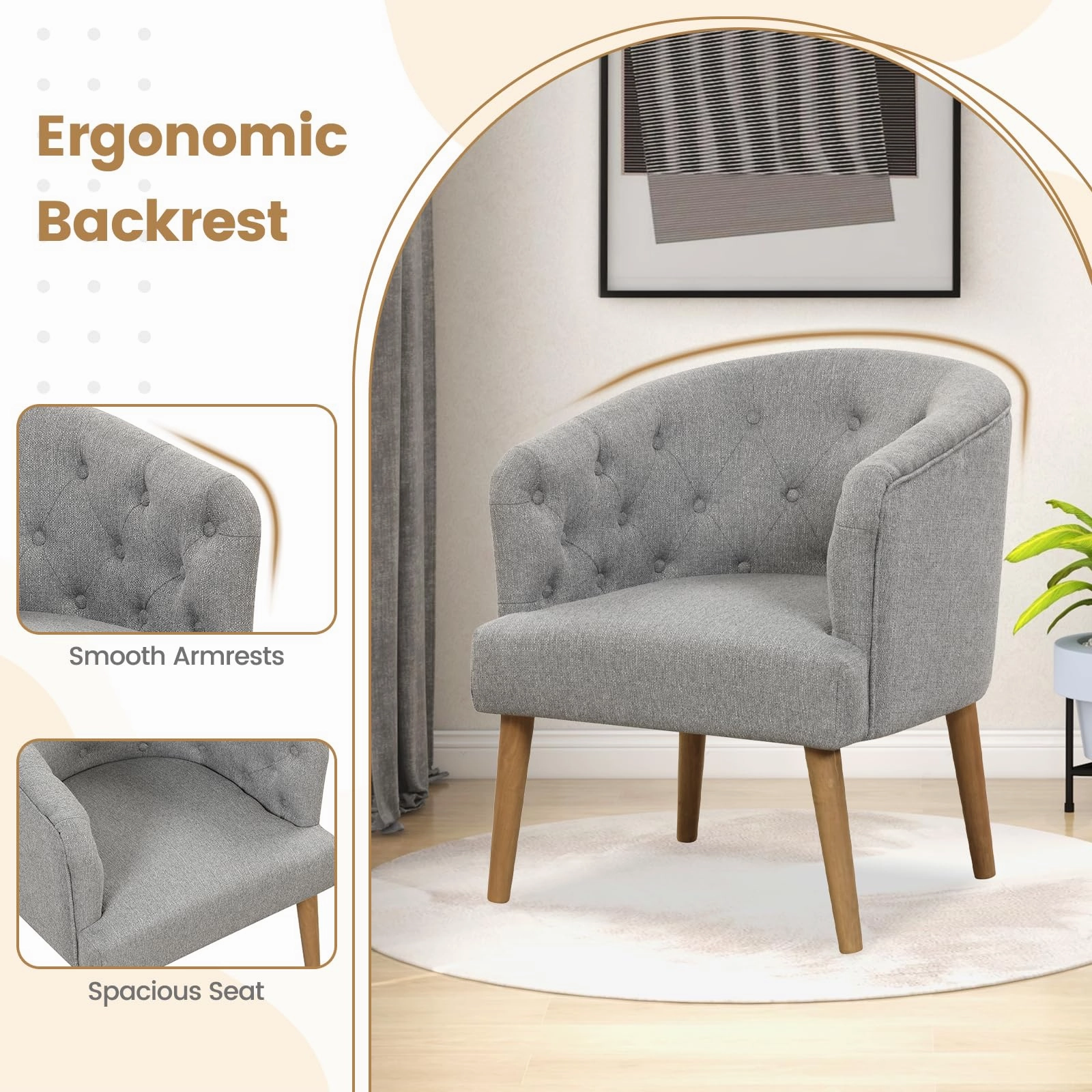 Giantex Tufted Accent Chair Set of 1 or 2 Grey, Upholstered Accent Armchair with Rubber Wood Legs