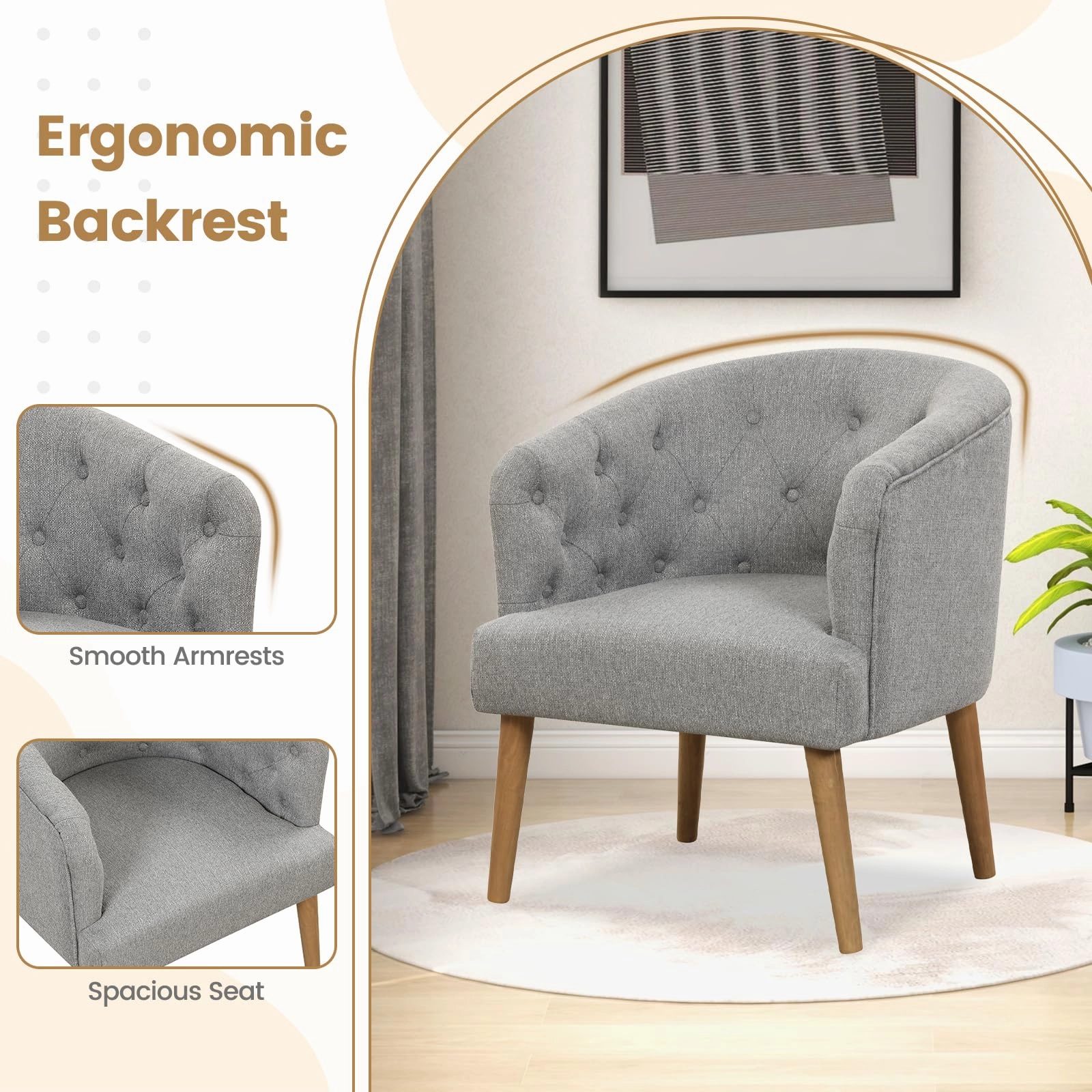 Giantex Tufted Accent Chair Set of 1 or 2 Grey, Upholstered Accent Armchair with Rubber Wood Legs
